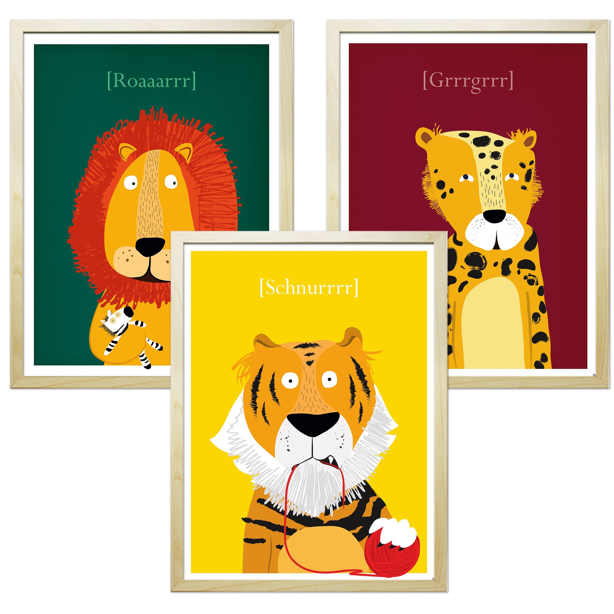 Close Up Poster Kinderzimmer Poster Raubkatzen 3er-Set gerahmt kieferfarben