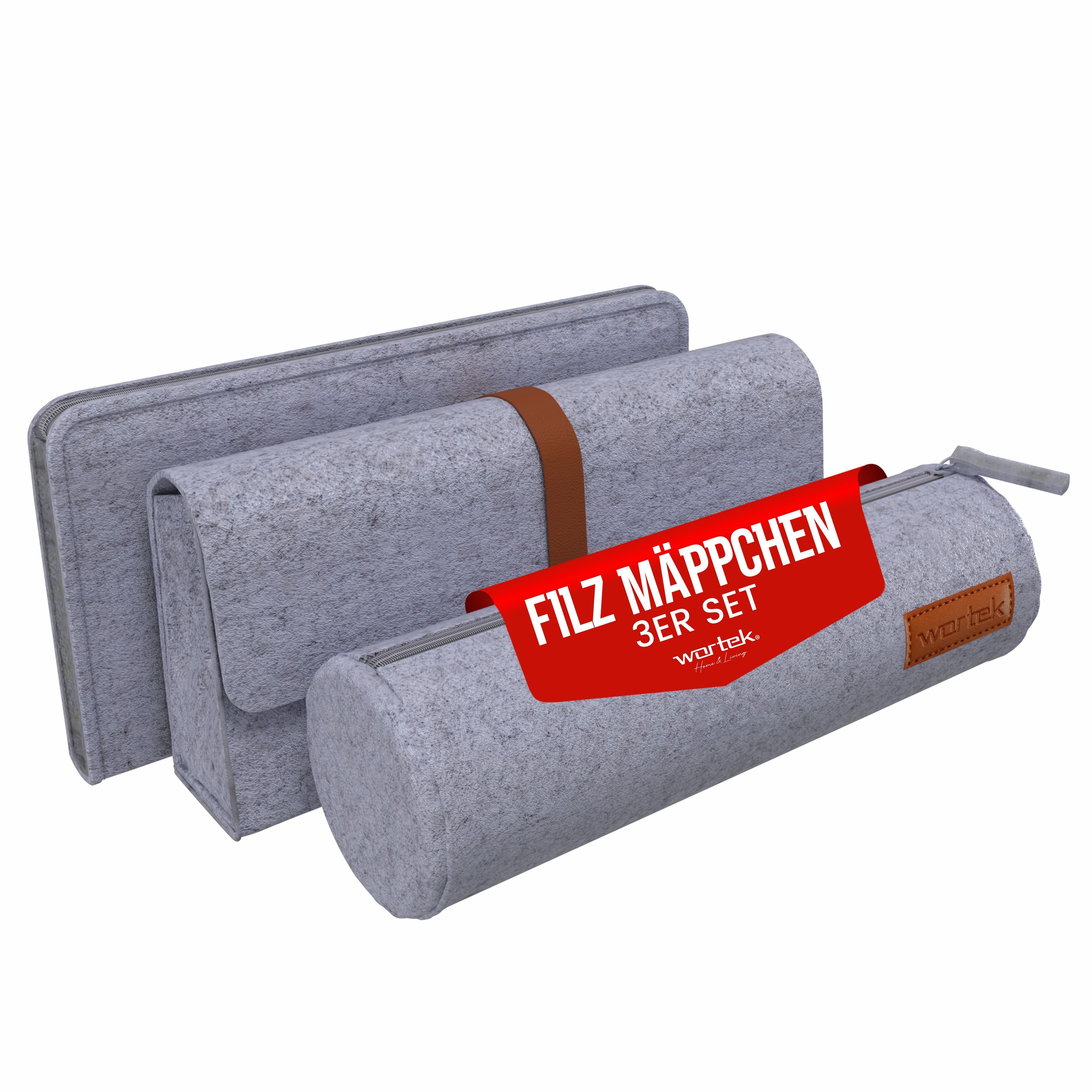 wortek Federmäppchen Filz Federmäppchen, 3fach, 1x Federmappe Mäppchen, 1x Schlampermäppche, (Set), Filztaschen Etui Mäppchen für Schule & Büro Grau