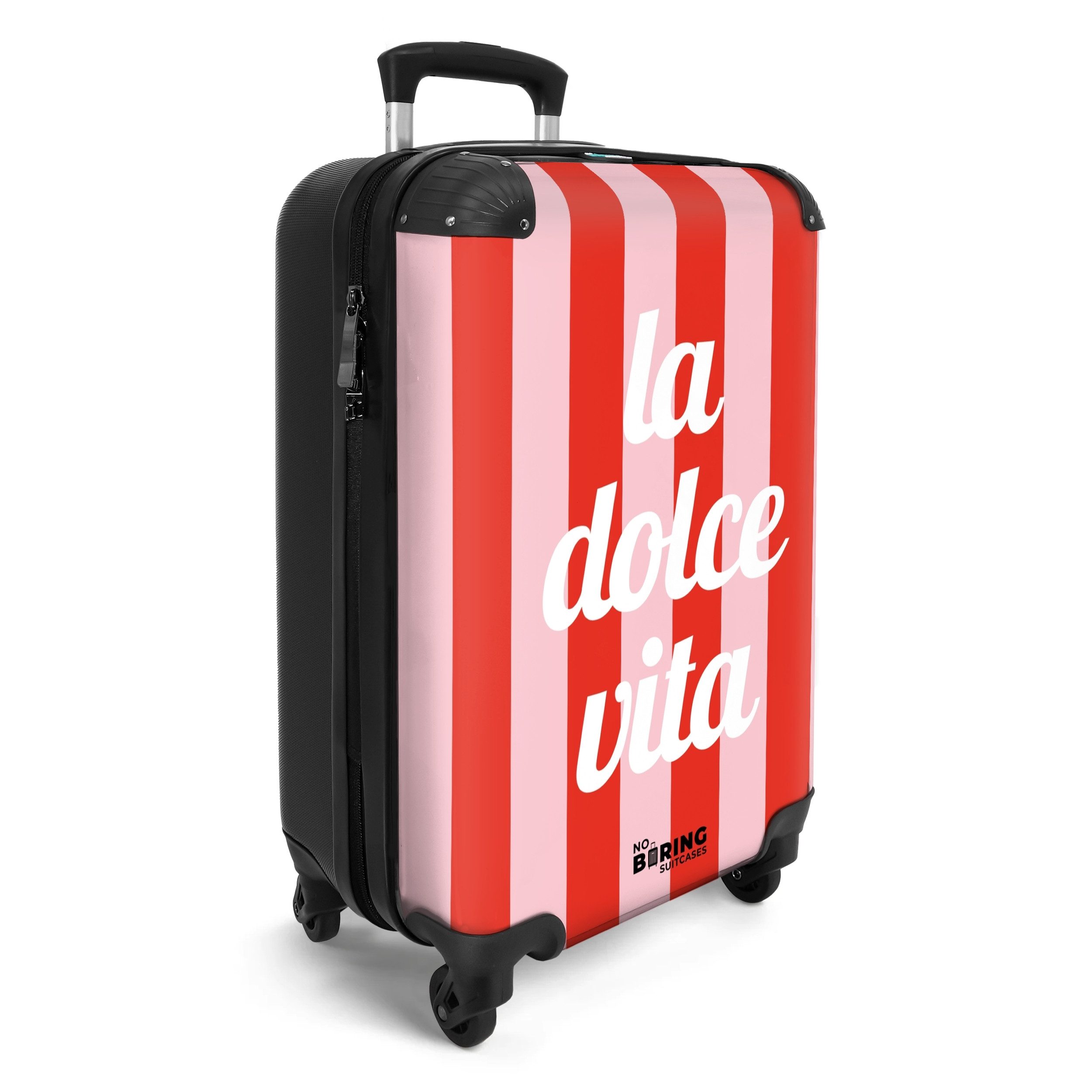 NoBoringSuitcases.com© Hartschalen-Trolley Rote und rosa Streifen mit dem Zitat "la dolce vita". 55x35x20cm, Handgepäck Koffer & Trolleys, Luggage, Reisekoffer  – Bild 2 von 5