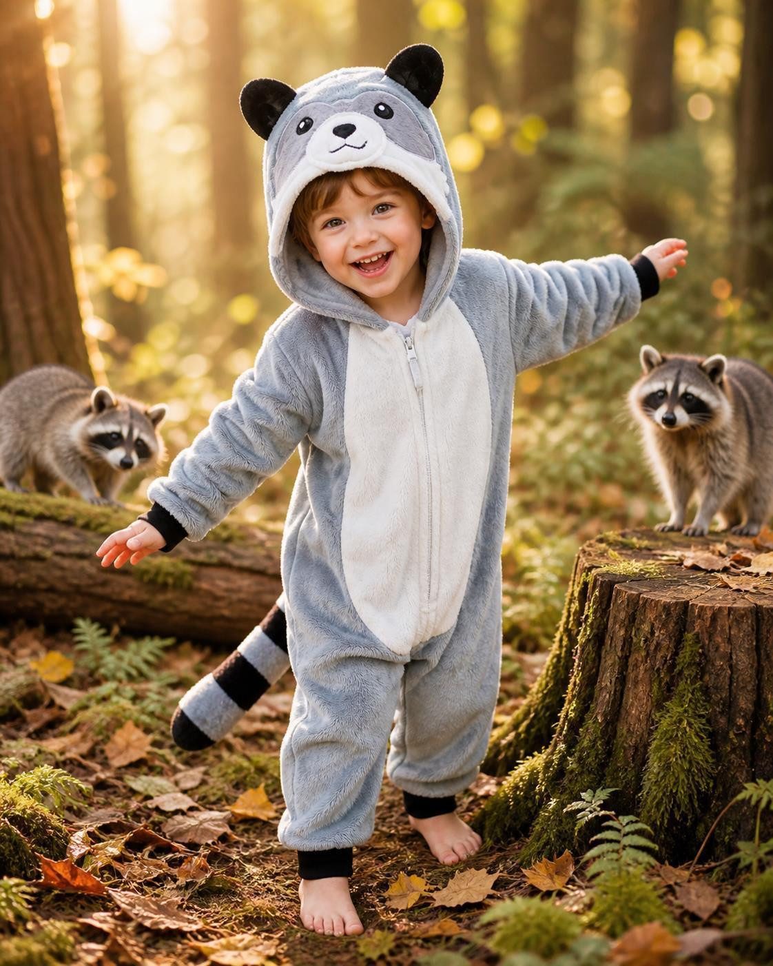 Corimori Jumpsuit Flauschiges Waschbär-Kostüm für Kinder, Karneval Fasching Kostüm (2-tlg) Jumpsuit, Pyjama, Fasching, Kigurumi, Tierkostüme, Waschbär "Lina"