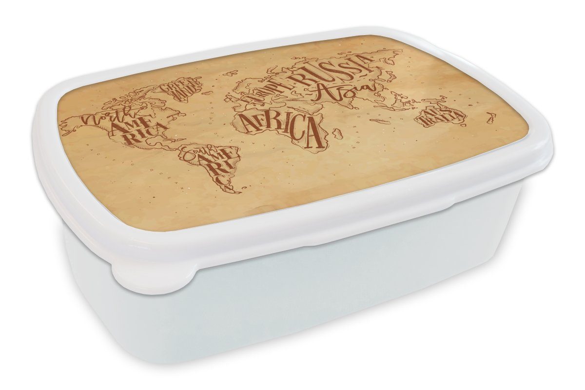 MuchoWow Lunchbox Weltkarte - Retro - Braun, Kunststoff, (2-tlg), Brotbox für Kinder und Erwachsene, Brotdose, für Jungs und Mädchen weiß