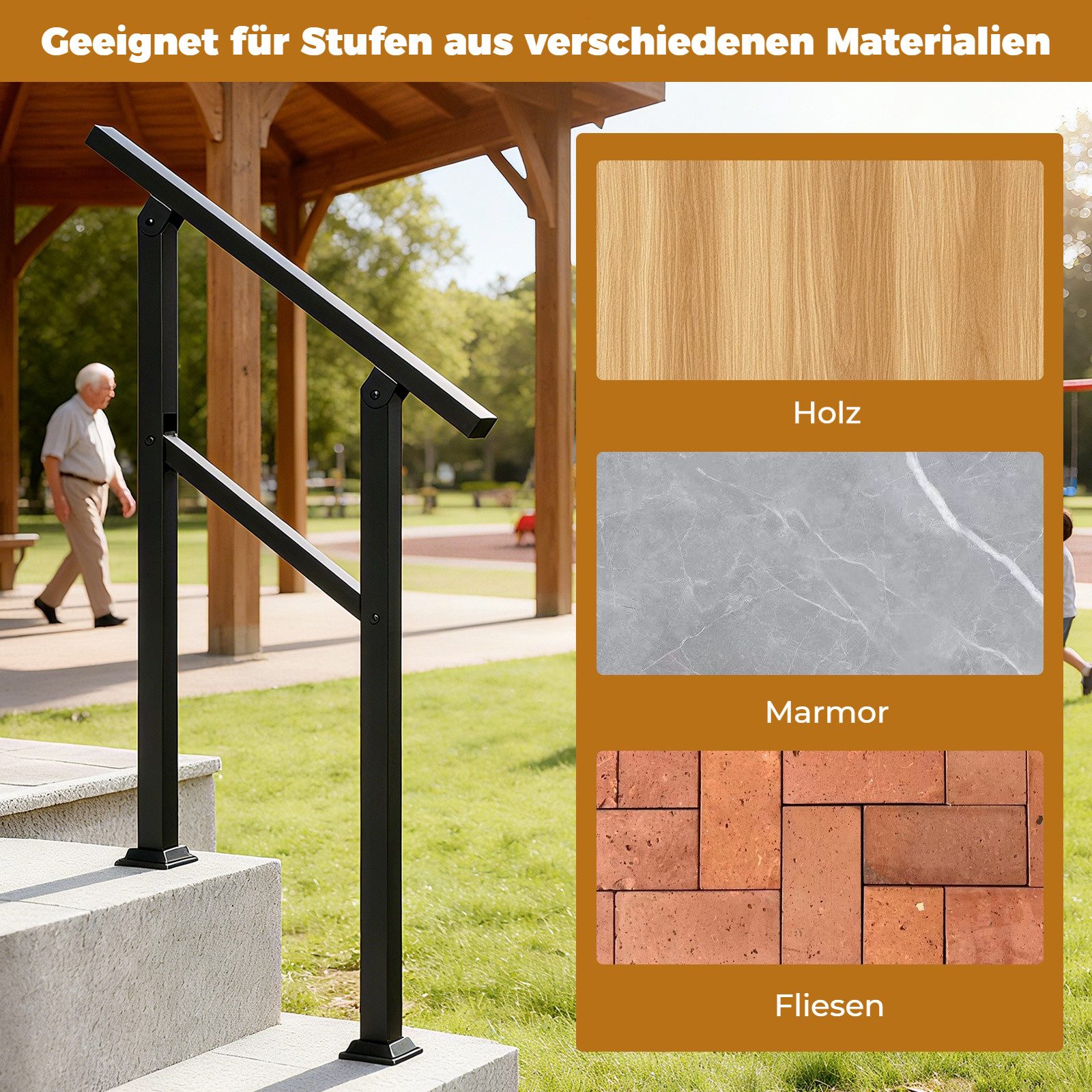 BlingBin Brüstungsgeländer Aussentreppenhandlauf, Geländer Hauseingang, Treppenhandlauf-Set, 67.3 cm Länge, 91.5 cm Höhe, Treppengeländer Seitliche Montage, Eingangsgeländer mit flexiblem Winkelverstellung, 1-tlg., 1er Set, Außengeländer Treppengeländer für Innen/Außen, Inkl. Montagematerial
