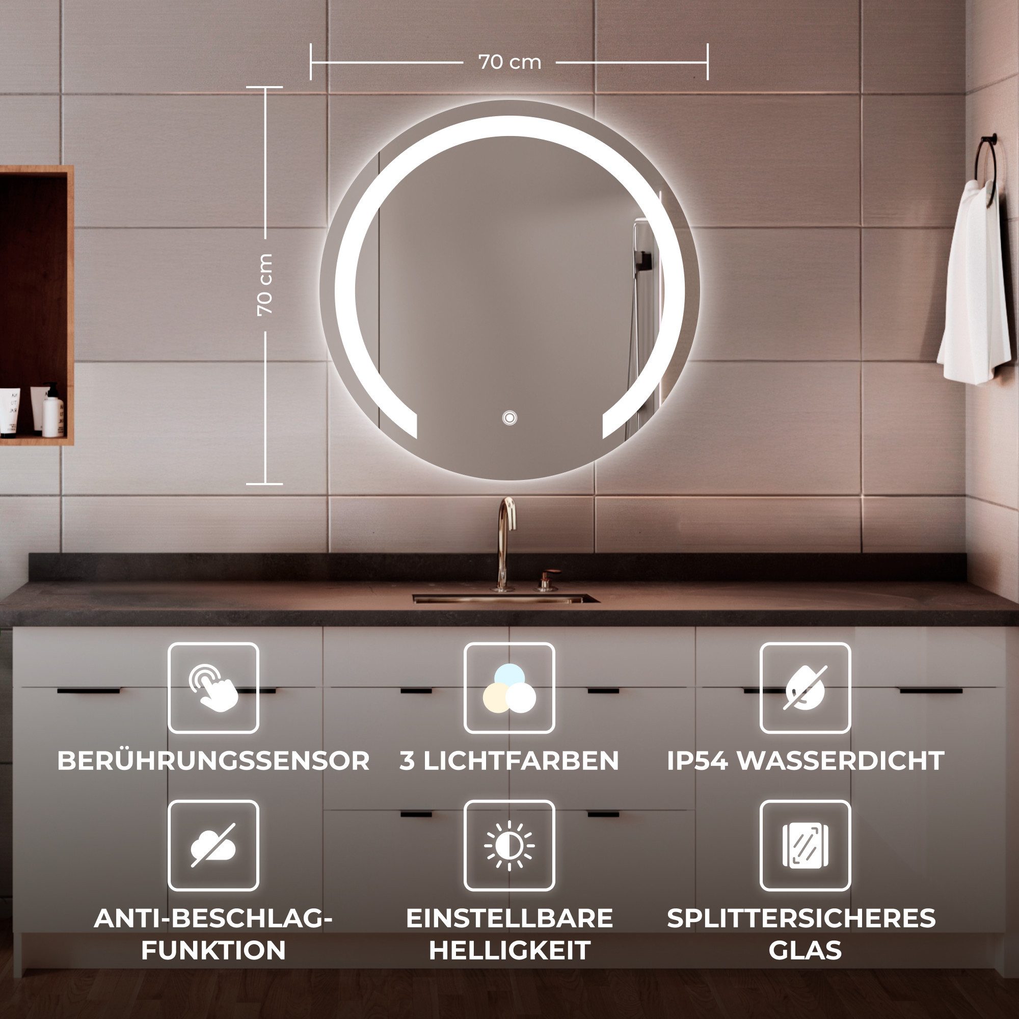 Bringer Badspiegel, Badezimmerspiegel Rund mit Anti-Beschlag und Speicherfu günstig online kaufen