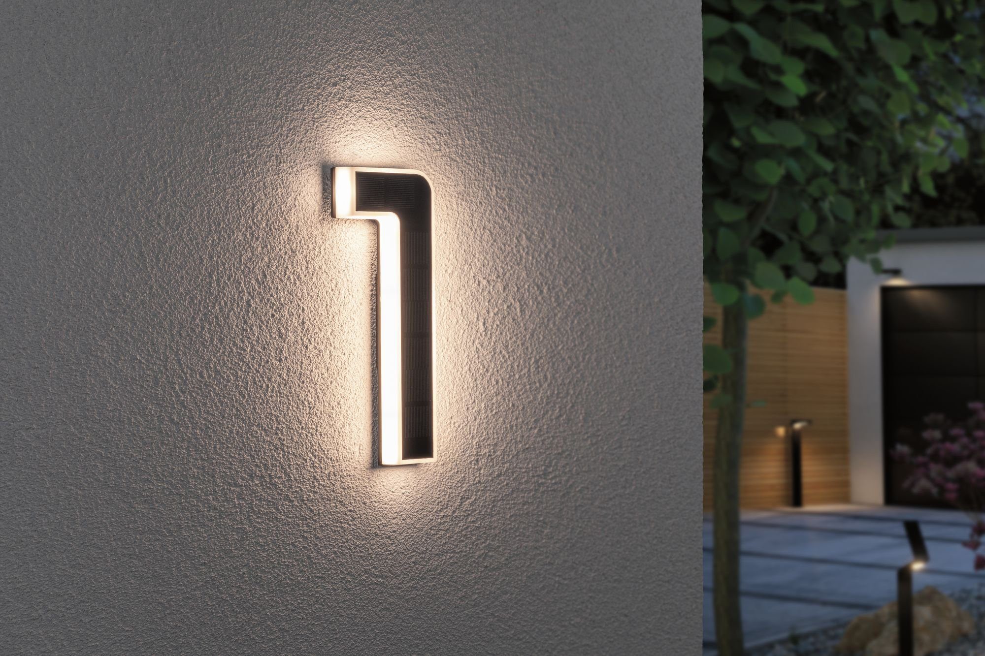 fest 0-9 LED Warmweiß, LED Außen-Wandleuchte wechselbar LED-Modul, wählbar, Hausnummer, Solar Paulmann Akku integriert, Hausnummern
