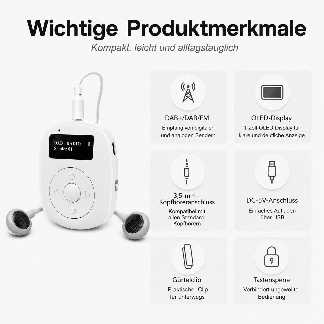 Lisabonde DAB+ Digitalradio tragbar Mini Radio mit OLED-Display Clip & Akku UKW-Radio (DAB, Sendersuchlauf, Favoritenspeicher, DAB+, FM (UKW), Ultra-kompakt,60  – Bild 5 von 5