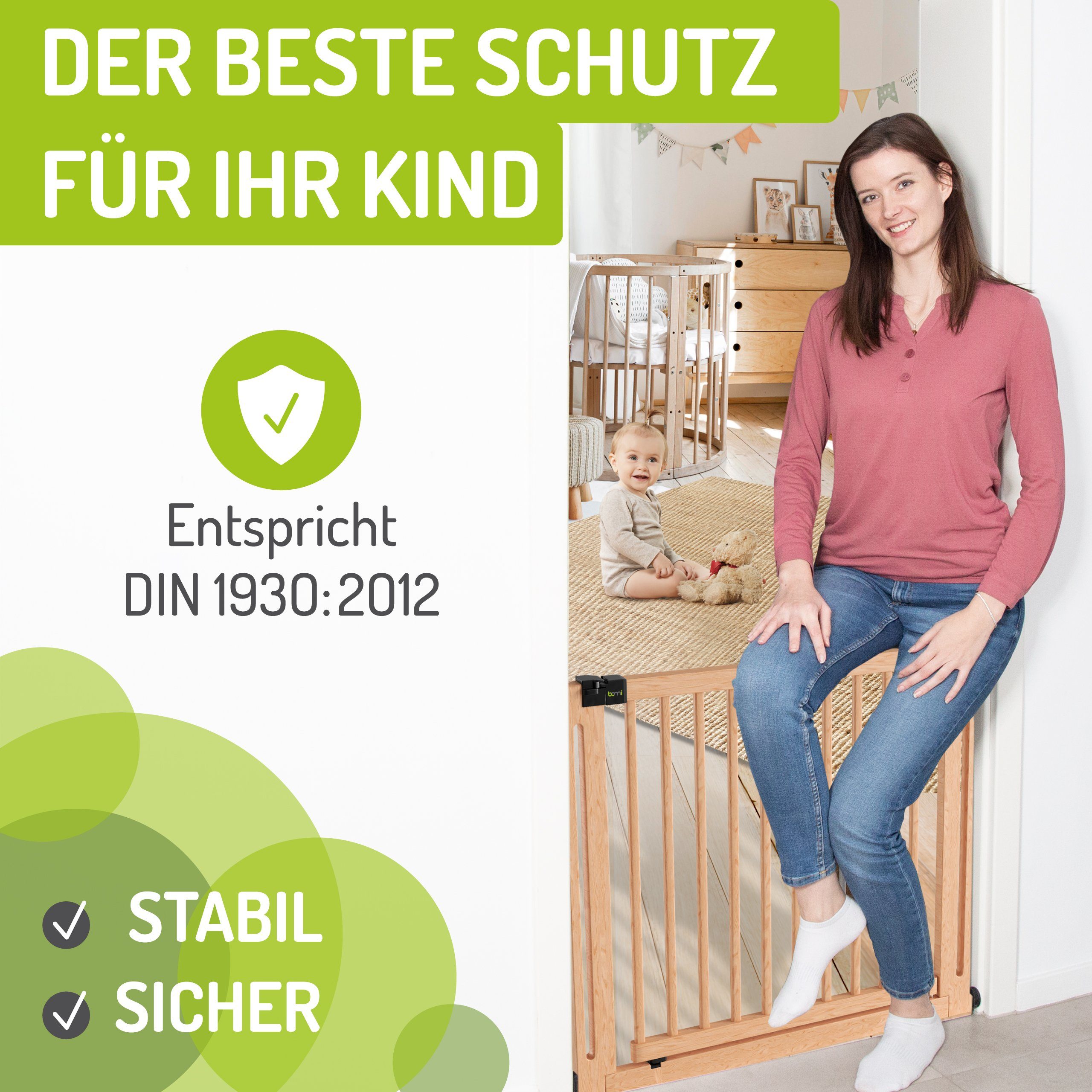 BOMI Türschutzgitter Treppenschutzgitter ohne Bohren, Babygitter aus Holz, Miko 63-161 cm (verschiedene Größen, klemm- & verschraubbar), sichere 2-Wege-Öffnung, – Bild 5 von 5