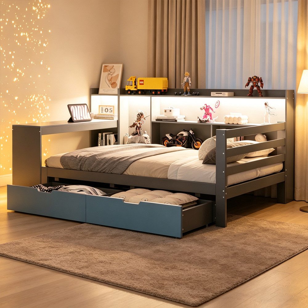 OKWISH Schlafsofa Kinderbett Funktionsbett, mit Schubladen, integriertem Schreibtisch, Regalen, Staufächern, Beleuchtung und Steckdosen 90x200 cm, ohne Matratze