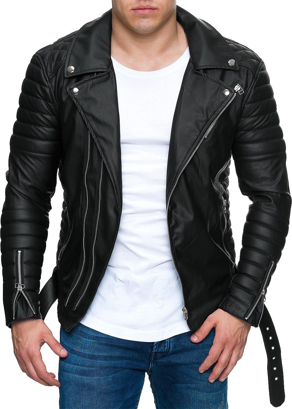 Reichstadt Lederjacke Herren Slim Fit Kunstleder Jacke Silver