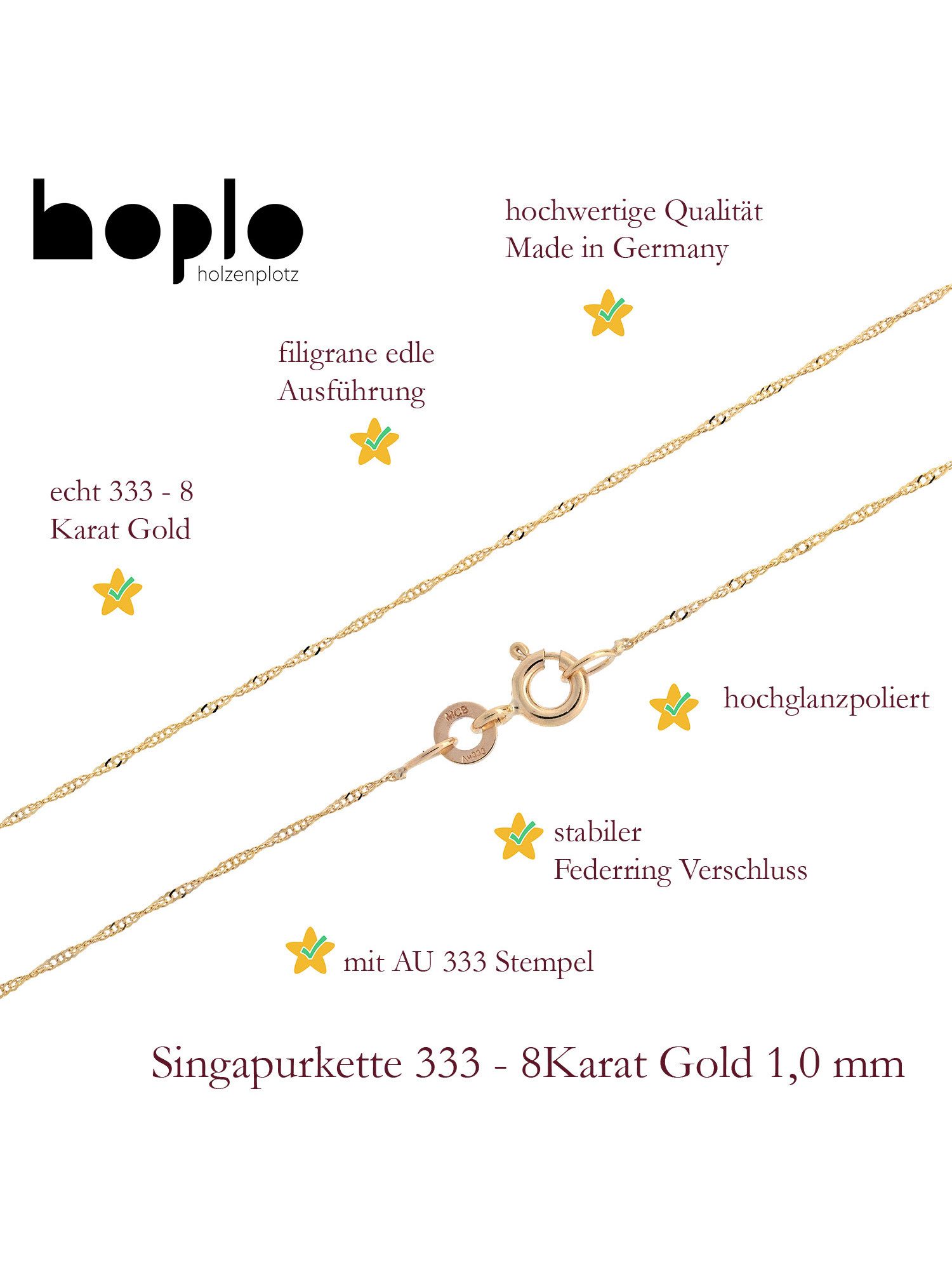 HOPLO Goldkette Goldkette Singapurkette Länge 38cm - Breite 1,0mm - 333-8 Karat Gold, Made in Germany – Bild 3 von 5