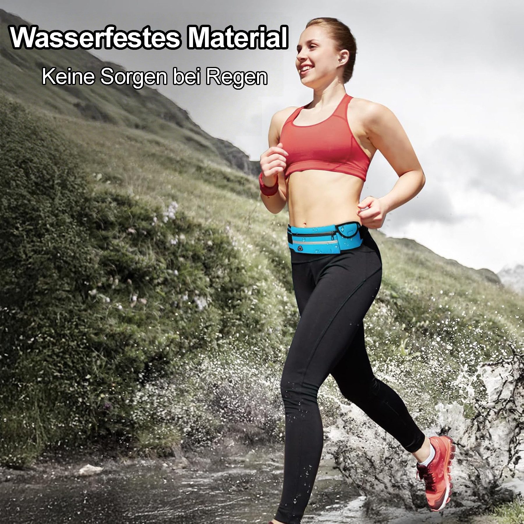 Mutig Bauchtasche Damen Herren Bauchtasche, Laufgürtel Hüfttasche (Jogging Sporttasche mit Trinkflasche und Kopfhöreranschluss, Wasserdicht und Reflektierend), Verstellbarer Sportgürtel für Laufen Wandern Radfahren