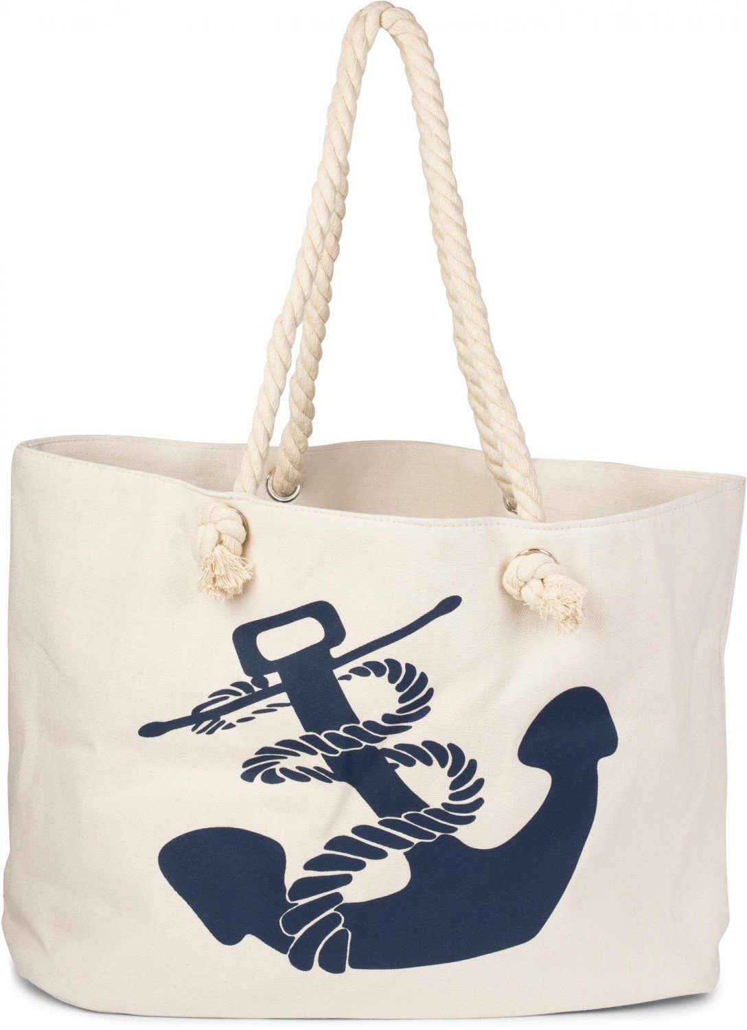 styleBREAKER Strandtasche (1-tlg), Flechtoptik Strandtasche mit Anker Print Creme-Marine