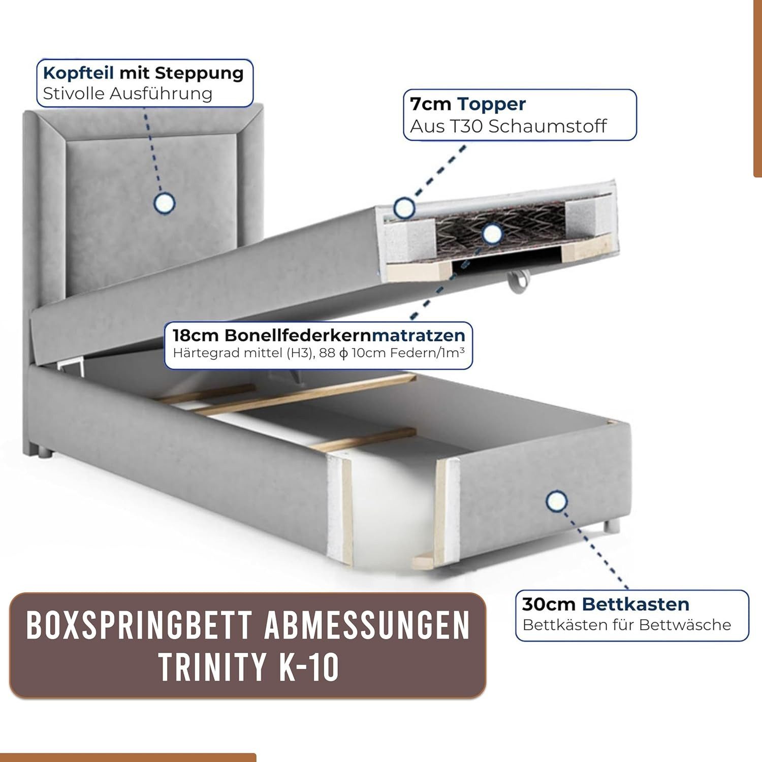 Best for Home Boxspringbett Trinity K10 SINGLE mit Bettkasten & Bonellfederkern, Komfort Topper H3 (Einzelbett, Polsterbett gepolstertes Kopfteil, Jugendbett, Kinderbett versch. Größen, 70x200 80x200 90x200 100x200 cm), mit oder ohne Topper, Flexible Liefermöglichkeiten, Handwerksqualität