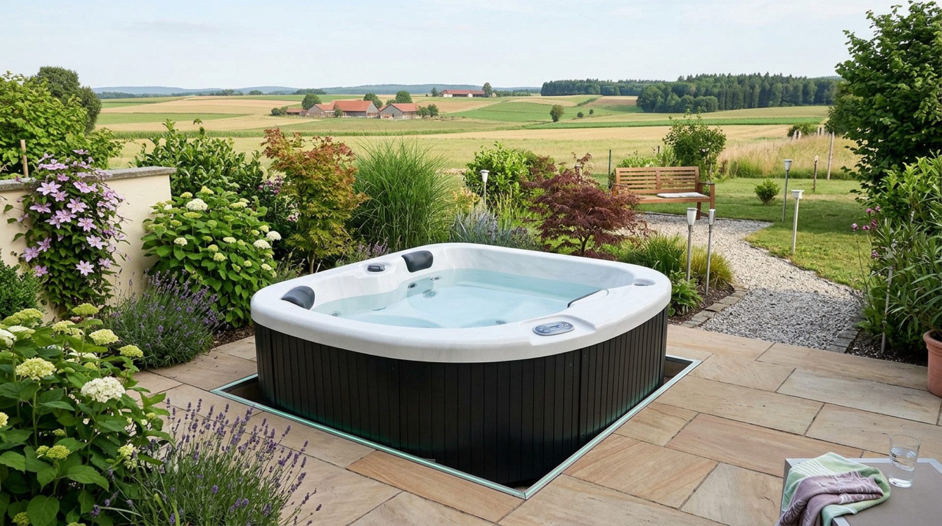 SPA Kompagniet Whirlpool Scandinavic Wood Art "Langeoog" Outdoor Whirlpool 2P 2x Liegesitze, Aufstellbecken, (Komplett inkl. Thermo-Cover, 1 Filter und Beleuchtung), inkl. Cover, zwei ergonomische Liegeplätze mit 18 Massagedüsen
