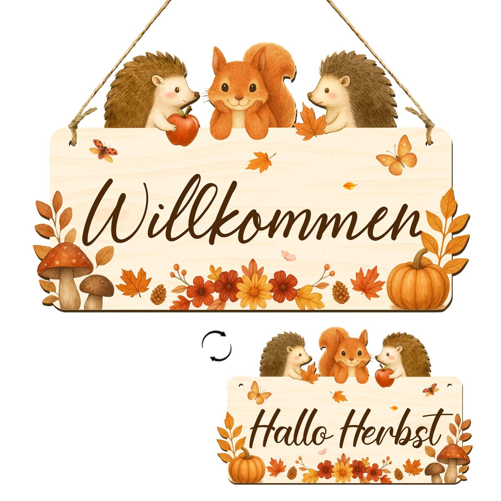 FOUORTUNATE-BEE Hängedekoration Herbst-Türdeko, Holzschild Herzlich Willkommen (beidseitig mit Willkommen & Hallo Herbst, Herbstdekoration für das Erntedankfest, zum Basteln sowie für Eingang, Balkon und Garten., 1 St)