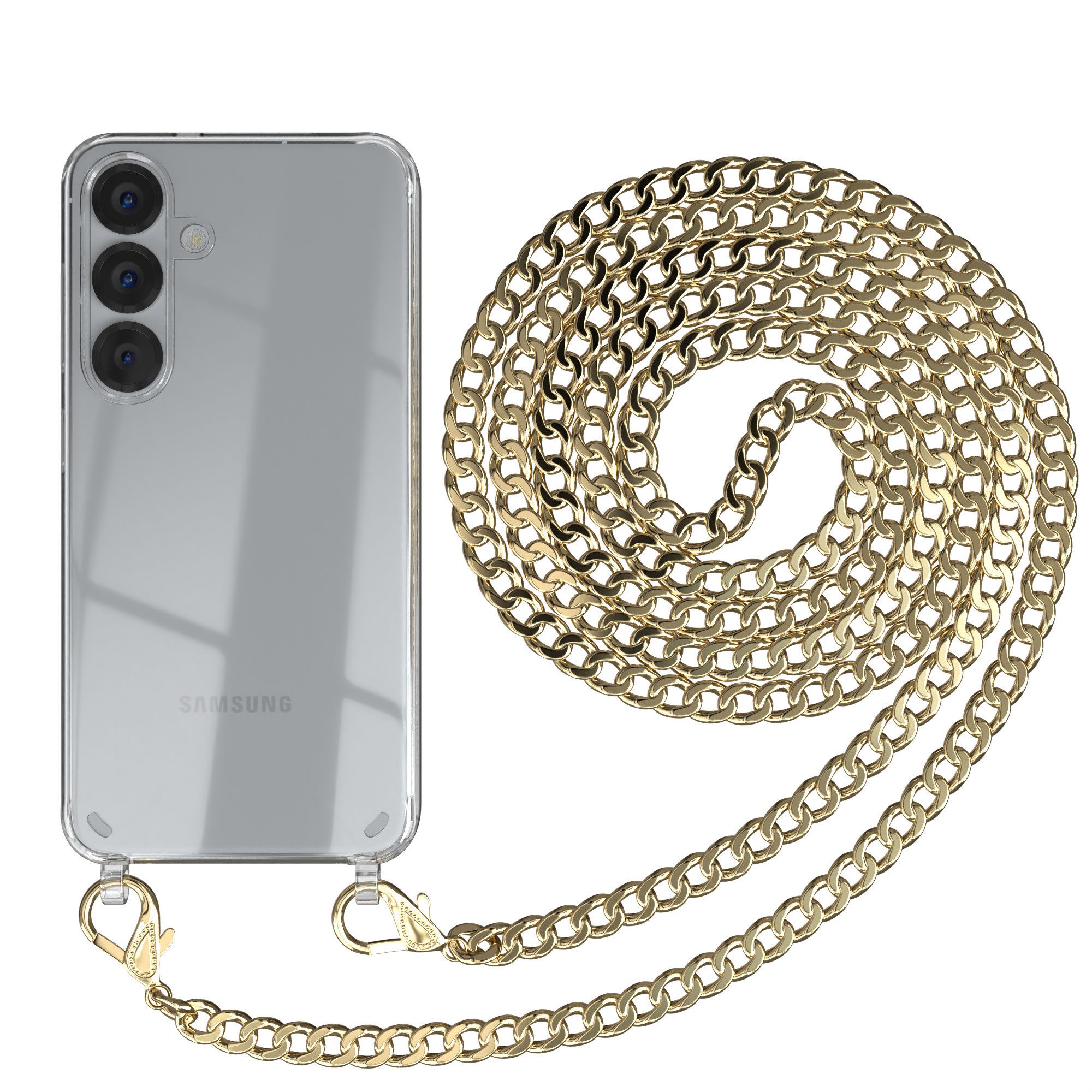 EAZY CASE Handykette Hülle mit Kette für Samsung Galaxy S25 6,2 Zoll, Hülle mit Band Silikonhülle durchsichtig Necklace Cover Slimcover Gold