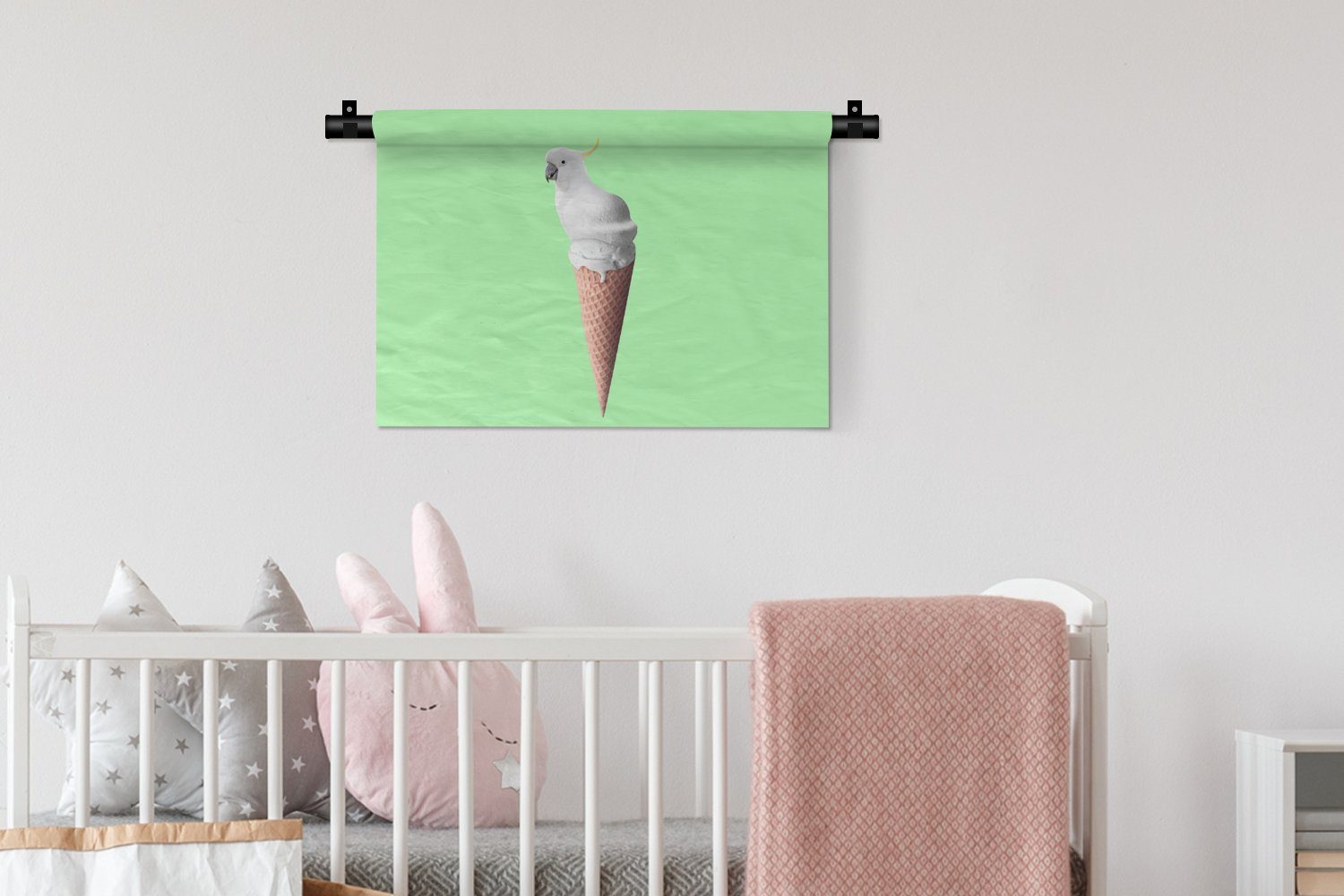 Weiß MuchoWow - Papagei Kinderzimmer Wohnzimmer, - Wandbehang, Wanddekoobjekt Kleid, - Wanddeko Eistüten Grün, für Schlafzimmer, Eiscreme -