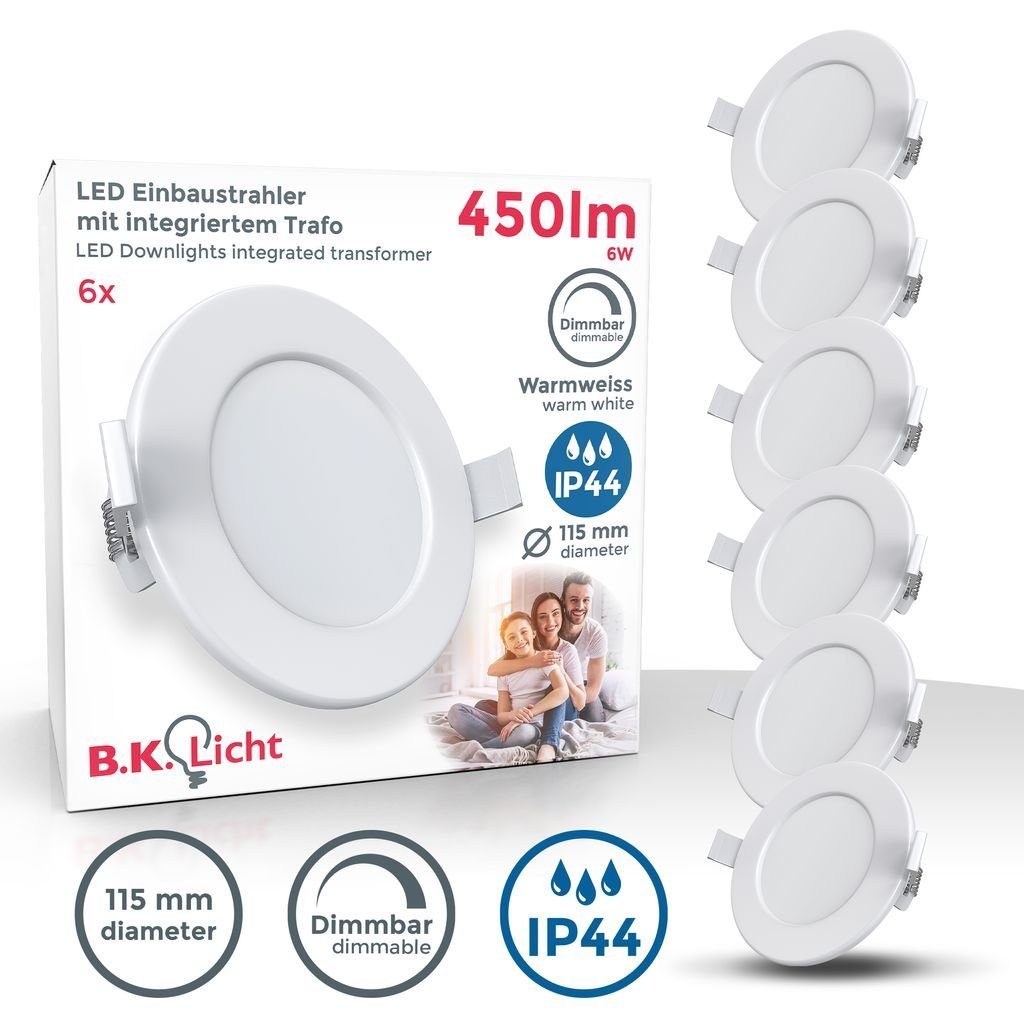 B.K.Licht LED Einbaustrahler 6er Set LED Einbauleuchten Bad 6x 6W 6x 450lm Weiß - BKL1276, Dimmfunktion, LED fest integriert, Warmweiß, IP44 ultraflach 30mm Bad-Einbauspots 3.000K Deckenspots Außen