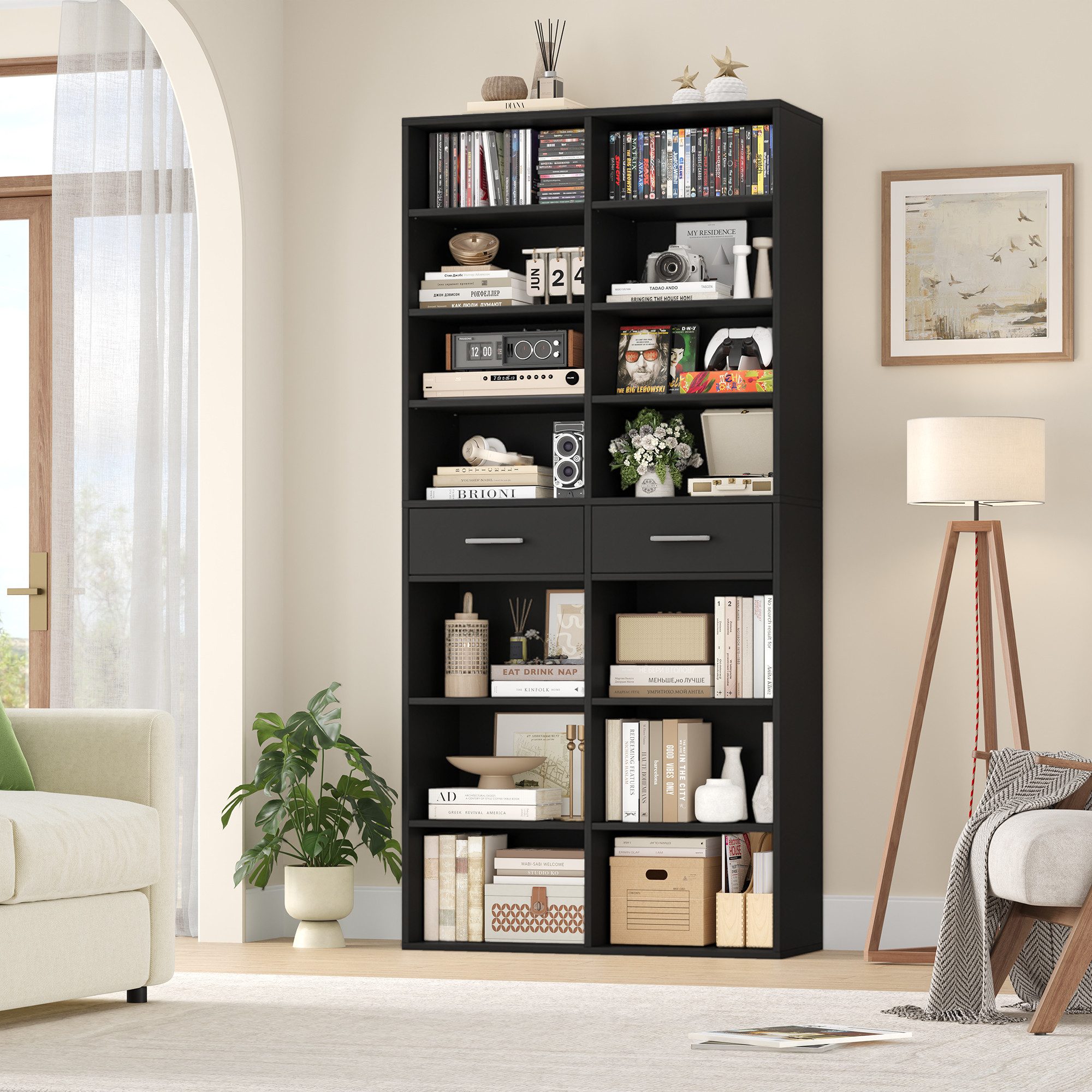HOMECHO Bücherregal, 185,5 cm hoch Standregal mit 8 Ebenen und 2 Schubladen