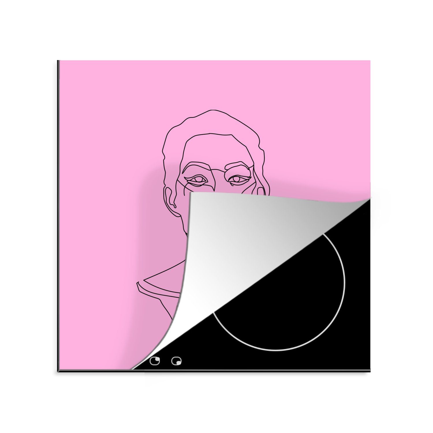 MuchoWow Herdblende-/Abdeckplatte Frau - Rosa - Gesicht - Strichzeichnung, Vinyl, (1 tlg), 78x78 cm, Ceranfeldabdeckung, Arbeitsplatte für küche