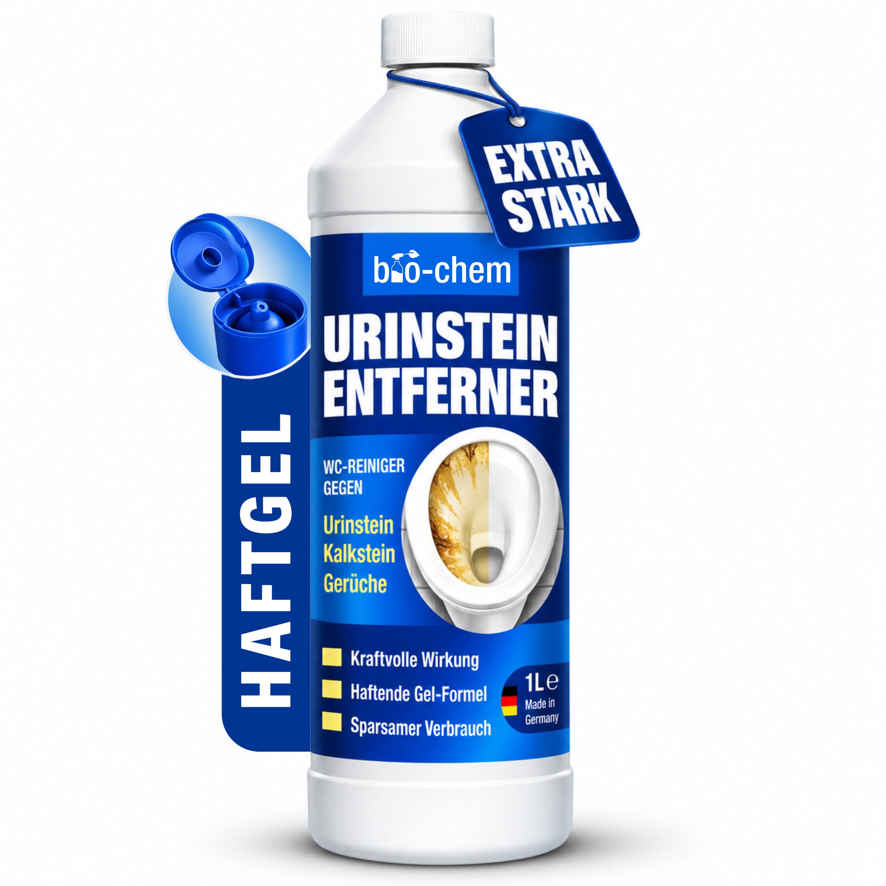 bio-chem Urinsteinentferner EXTRA STARK 1 L gegen Kalk, Urinstein in WC, Urinal WC-Reiniger (Einzelprodukt, [- Urinsteinentferner 1 L + Schrägdüse + Bimsstein Profi WC-Reiniger für hartnäckigste Ablagerungen & Urinstein) von bio-chem