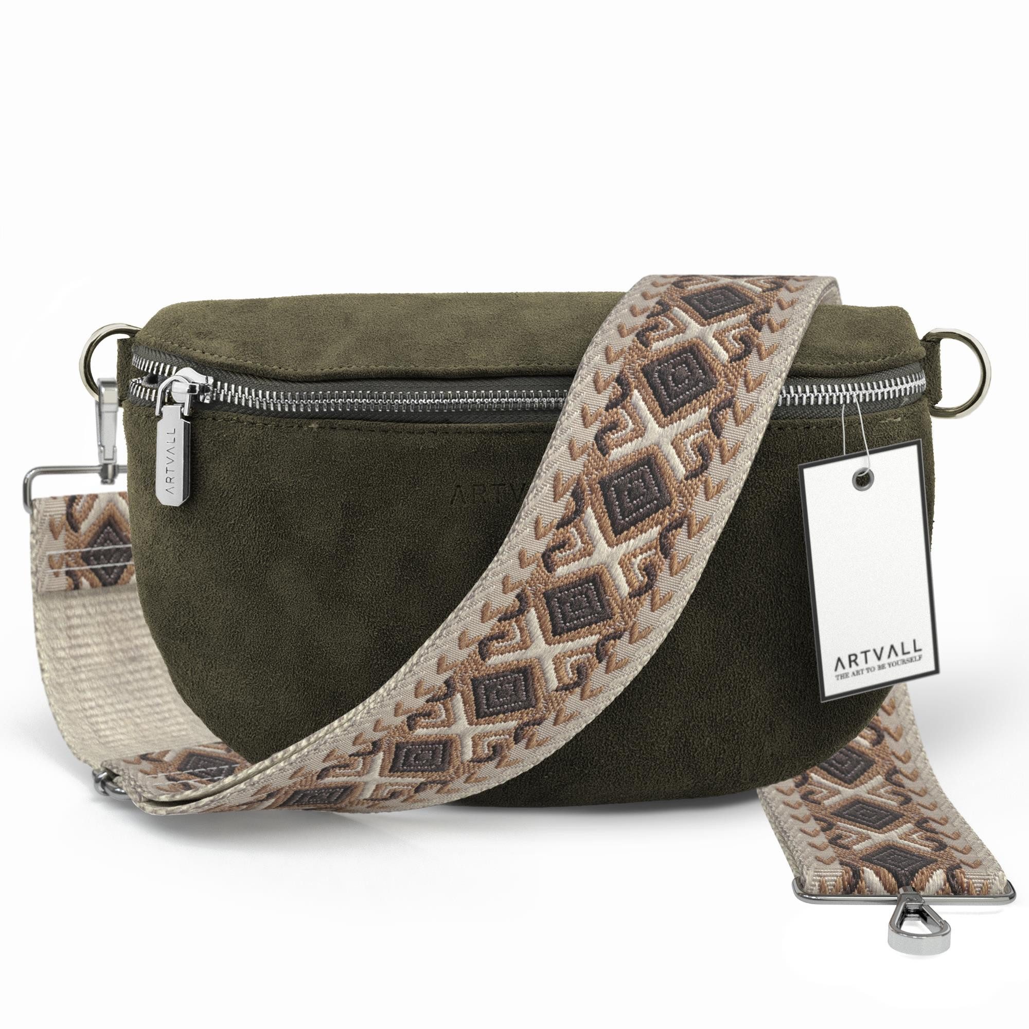 ARTVALL Umhängetasche Wildleder Handtasche Damen Brusttasche Naturgrün (Tasche inkl. Taschenband), Wildleder Bauchtasche mit Reißverschluss breites Schulterband Klein