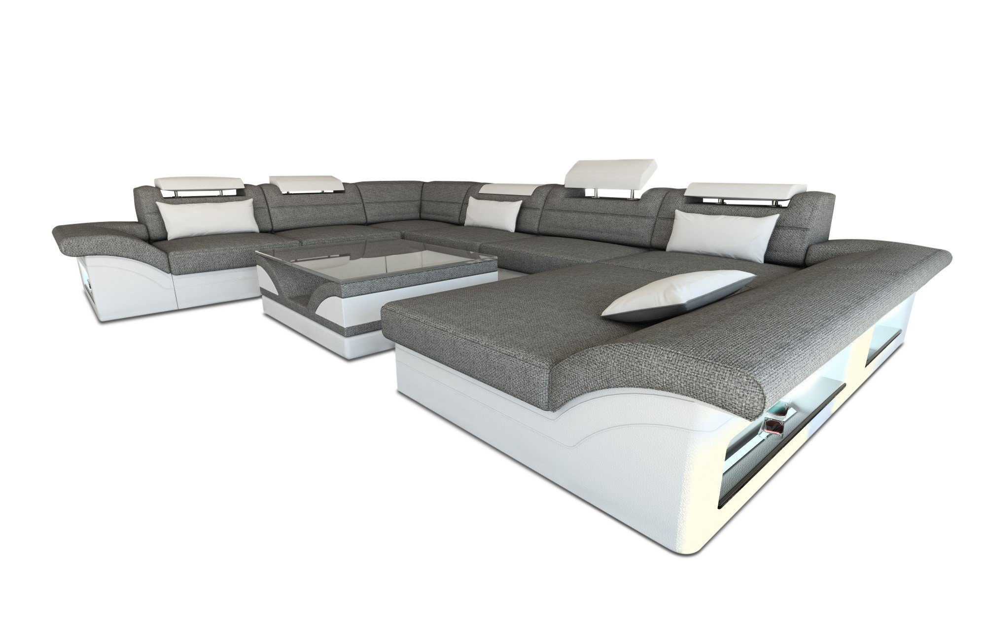 Sofa, LED, Couch wahlweise Sofa als Stoffsofa H1 Form Enzo Polster XXL Dreams Bettfunktion mit Schlafsofa, mit Elfenbein-Weiss Stoff Wohnlandschaft U Designersofa