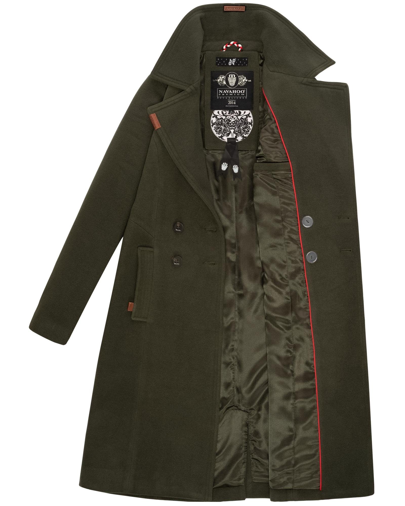Navahoo Wintermantel Wooly edler Damen Wollmantel-Optik dunkelgrün Trenchcoat in