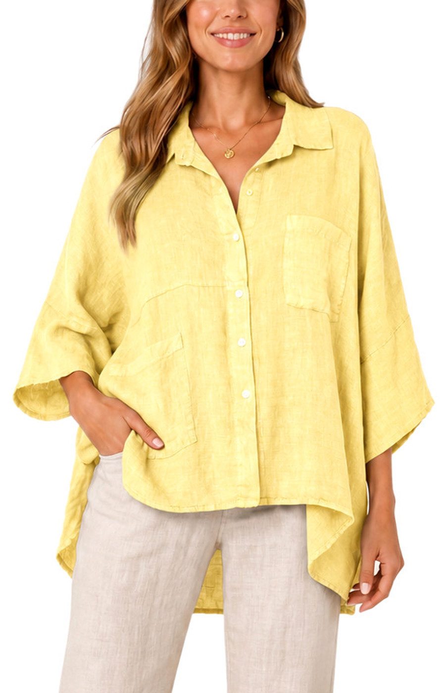 dy_mode Hemdbluse Damen Leinenbluse Oversize Hemdbluse Kurzarm Tunika Vokuhila in Unifarben, Oversized Optik, Vokuhila-Schnitt