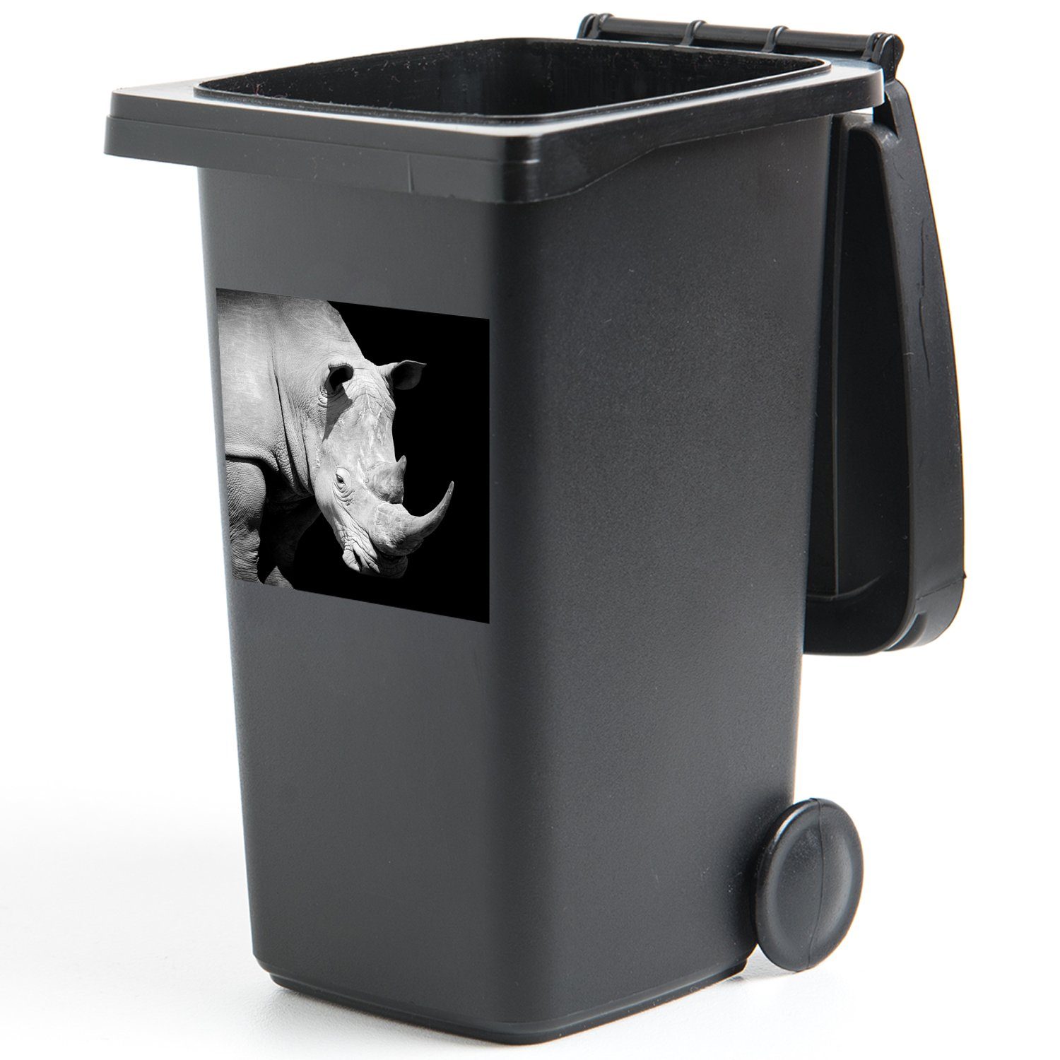 Wandsticker Container, (1 St), Mülltonne, Tier Rhinozeros Abfalbehälter Mülleimer-aufkleber, MuchoWow Sticker, - - Porträt