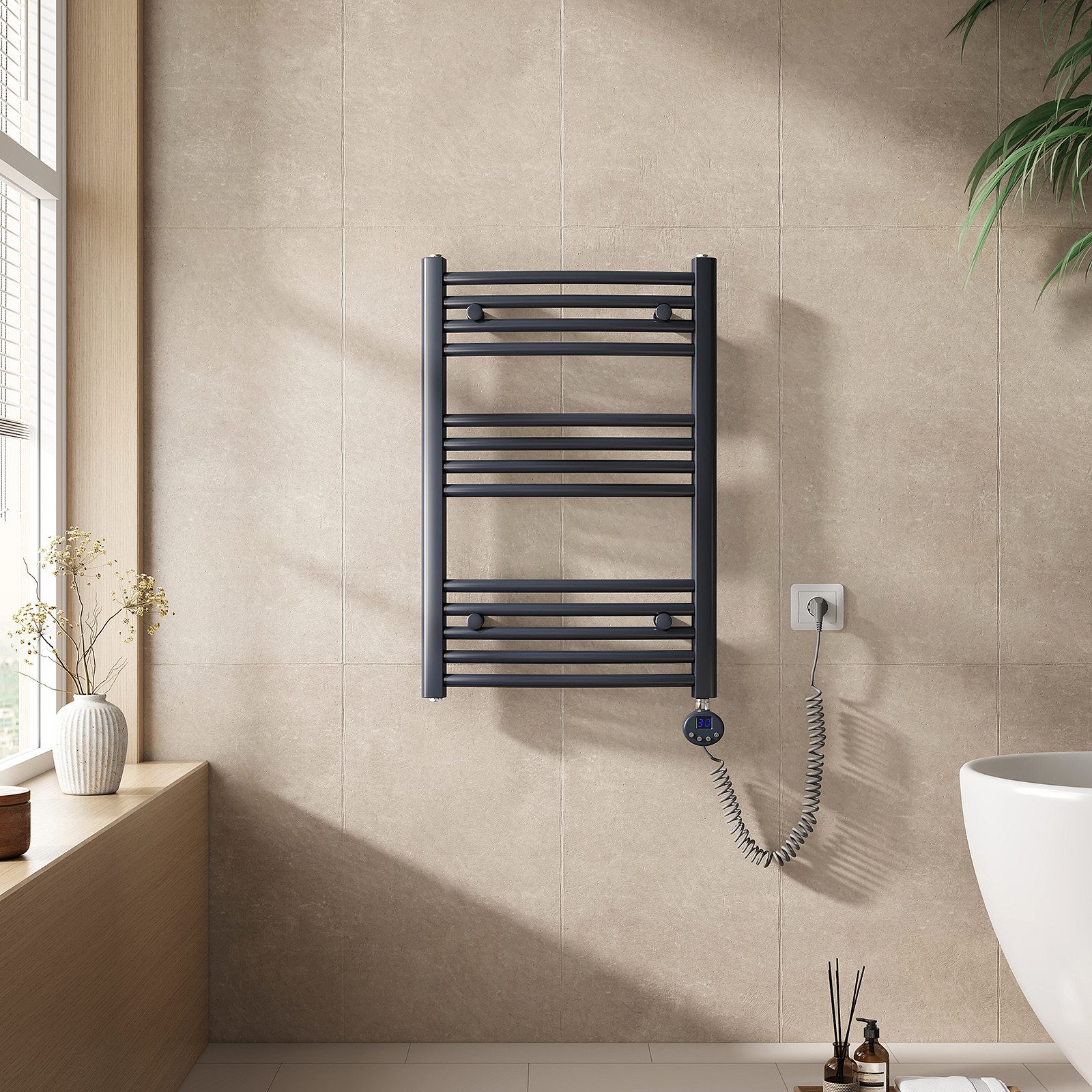 EMKE Elektrischer Badheizkörper Gebogen mit Thermostat Höhe: 75cm, 300W, Wi günstig online kaufen