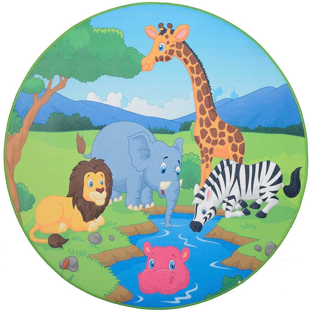 Top-Design Kinderteppich Wasserstelle, Böing bedruckt, 4 mm, Carpet, rund, Kinderzimmer Zootiere, waschbar, Motiv Höhe