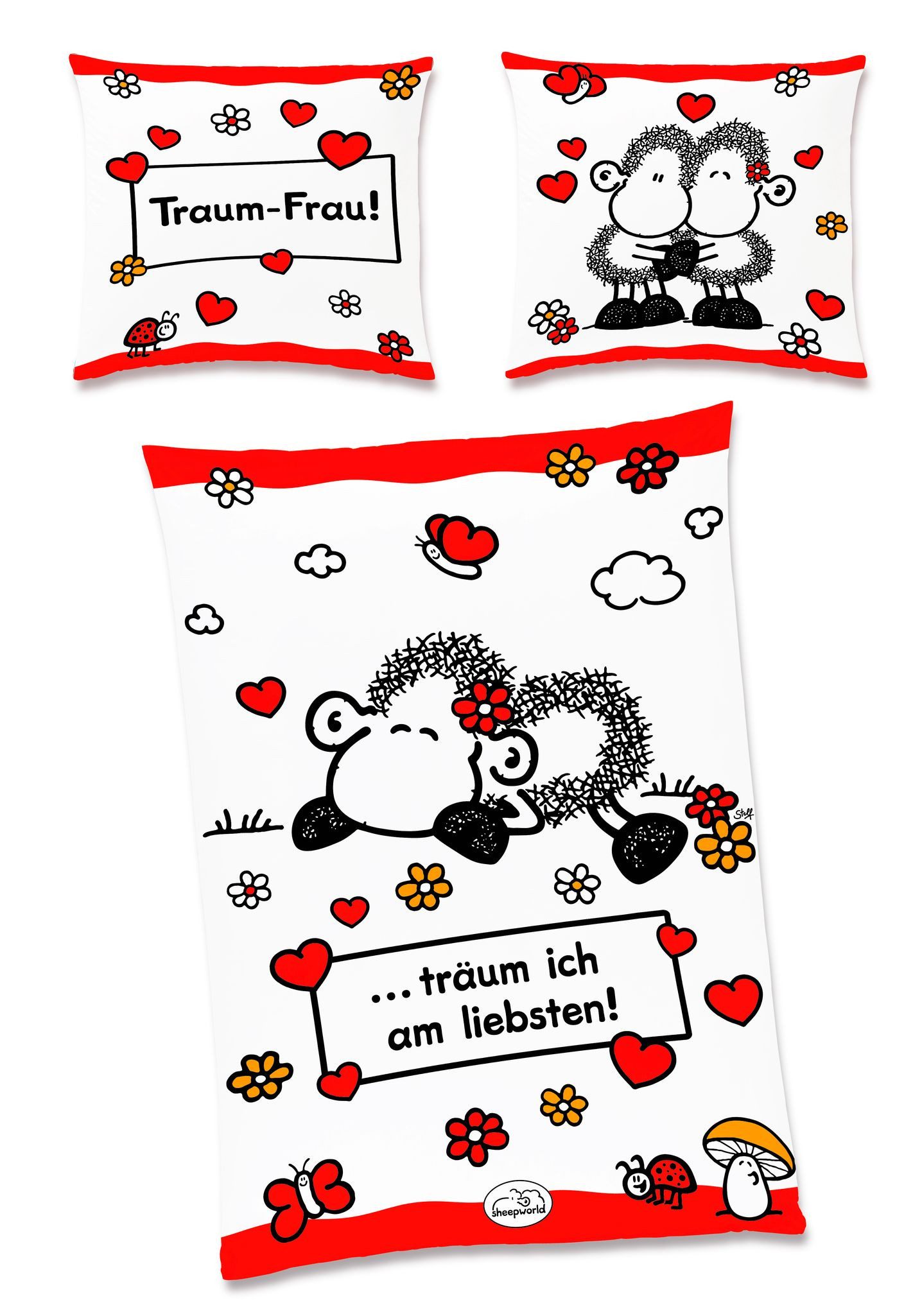 JACK Bettwäsche JACK Renforcé Bettwäsche sheepworld Traum Frau 135x200cm 2 tlg. Herzen, Renforcé, 2 teilig, Wendebettwäsche mit witzigem Schaf und Herzen, Reißverschluss