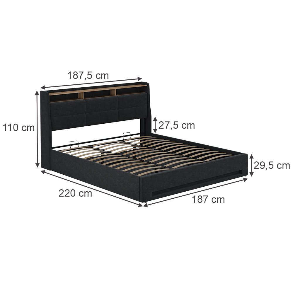 VitaliSpa® Polsterbett Christin, Anthrazit/Eiche, 180x200 mit LED, USB-Anschluss & Matratze (2-tlg)