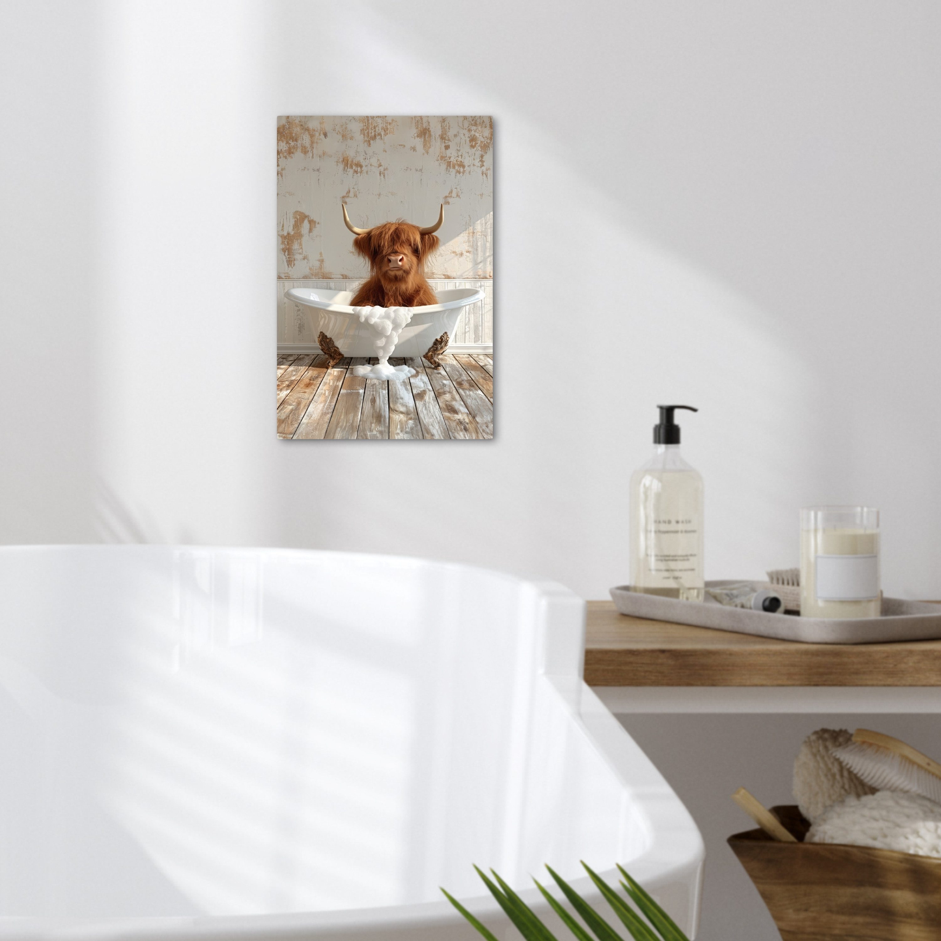 OneMillionCanvasses® Leinwandbild Schottischer Highlander - Badewanne - Vintage - Kuh, Fotodruck (1 St), Badezimmer Deko, Bilder WC, Toilette Wanddeko 20x30 cm