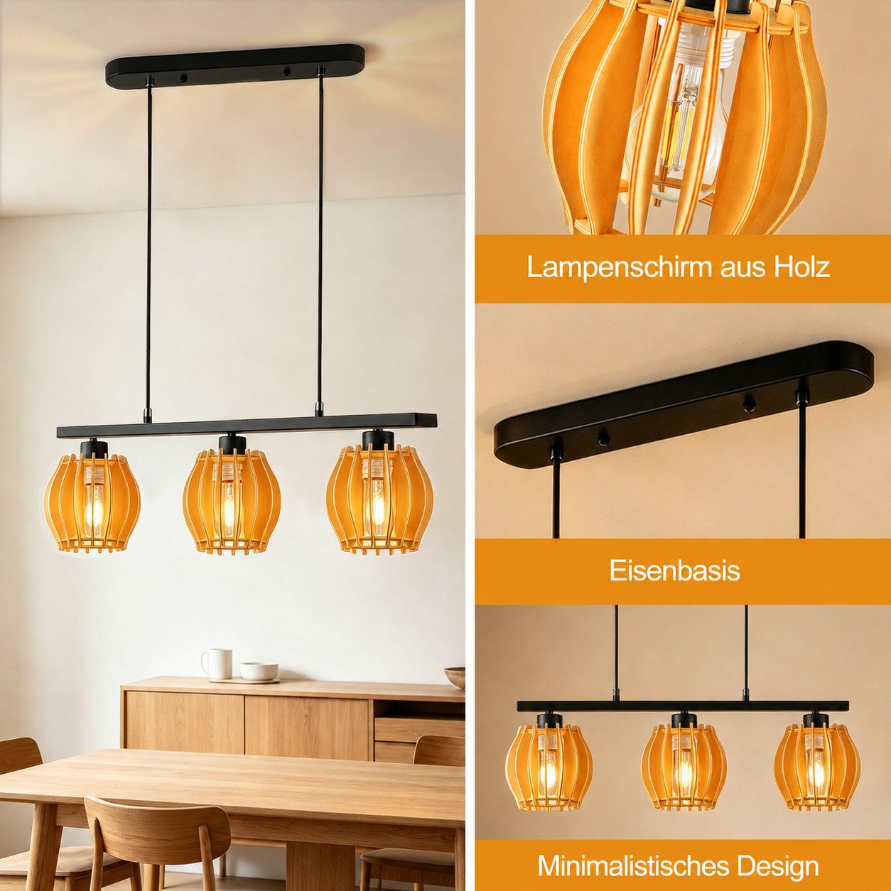 BlingBin Pendelleuchte 3-flammig Hängelampe, ohne Leuchtmittel, 3 x E27, ohne Leuchtmittel, E27 Hängeleuchte aus Metall und Holz, höhenverstellbar und kürzbar