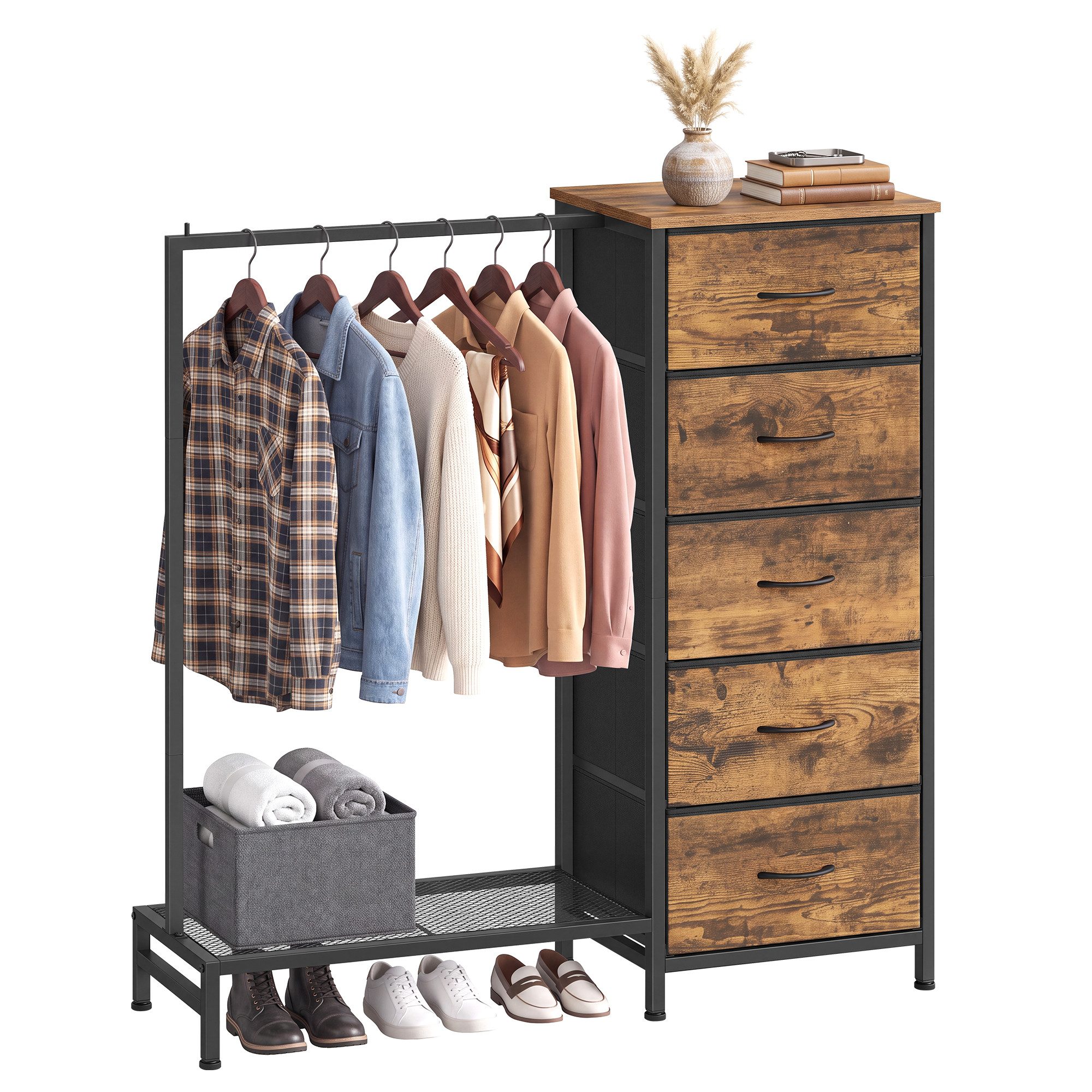 SONGMICS Kleiderständer mit Kleiderstange und Schuhablage, für Schlafzimmer, Flur, Garderobenständer mit 5 Stoffschubladen, 96,2 x 30 x 117,7 cm