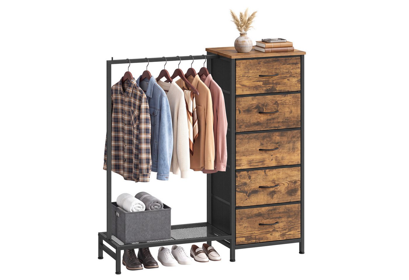SONGMICS Kleiderständer mit Kleiderstange und Schuhablage, für Schlafzimmer, Flur, Garderobenständer mit 5 Stoffschubladen, 96,2 x 30 x 117,7 cm