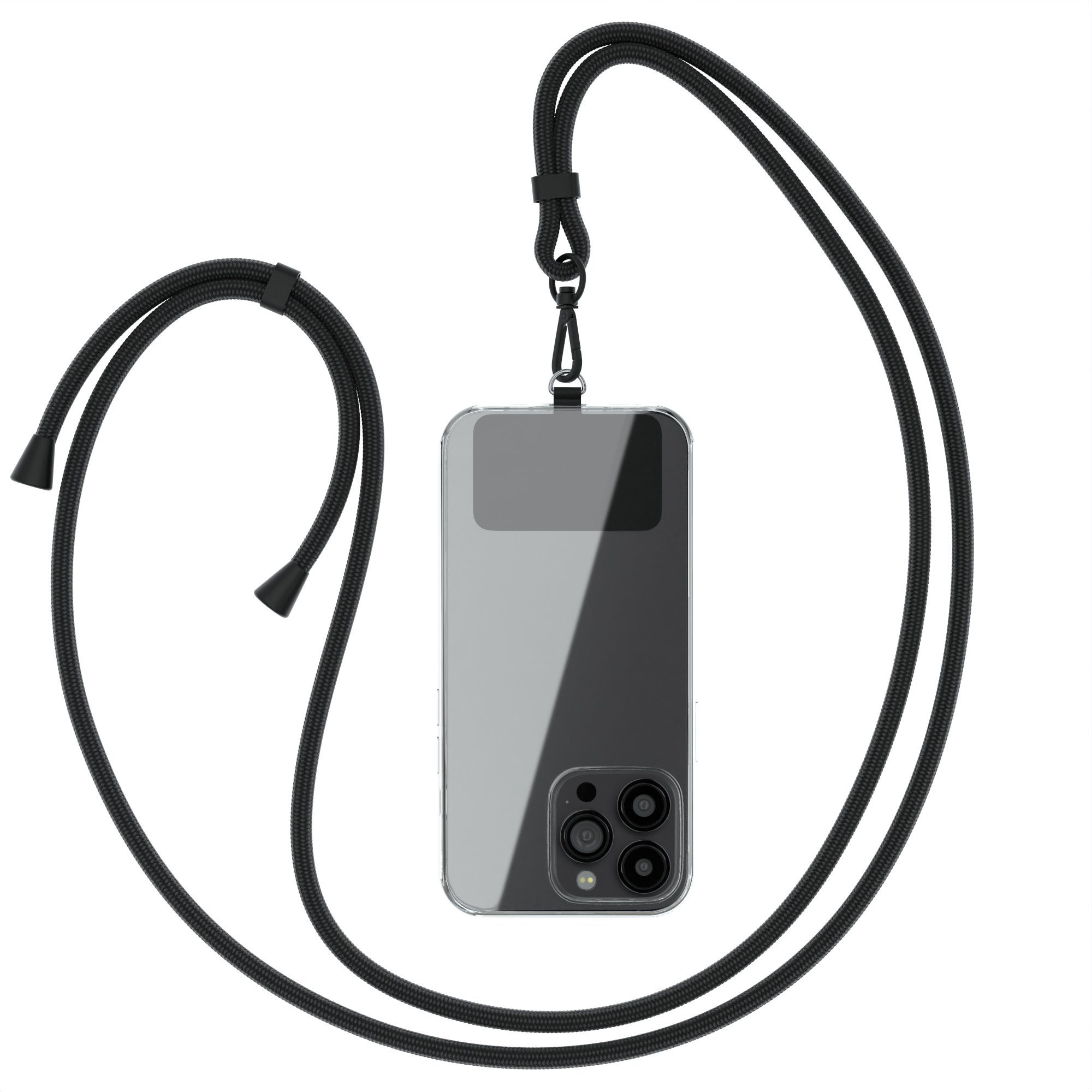 EAZY CASE Handykette Umhängeband Clips Schwarz mit extra Handband, Kette zum Umhängen Pad mit Kordel Uni Smartphonekette Schwarz Black
