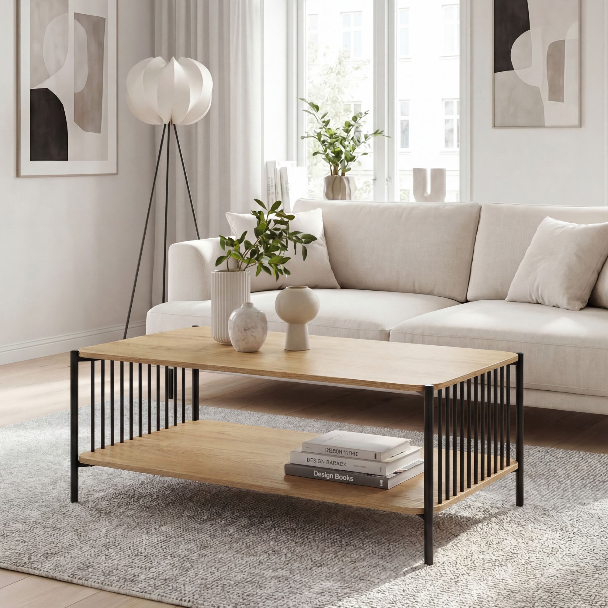 FINEBUY Couchtisch FB117114 Sofatisch 110cm MDF Holzoptik Wohnzimmertisch mit Ablage groß (Moderner Wohnzimmertisch im coolen Loft-Design), Großzügige Ablagefläche für Zeitschriften & mehr