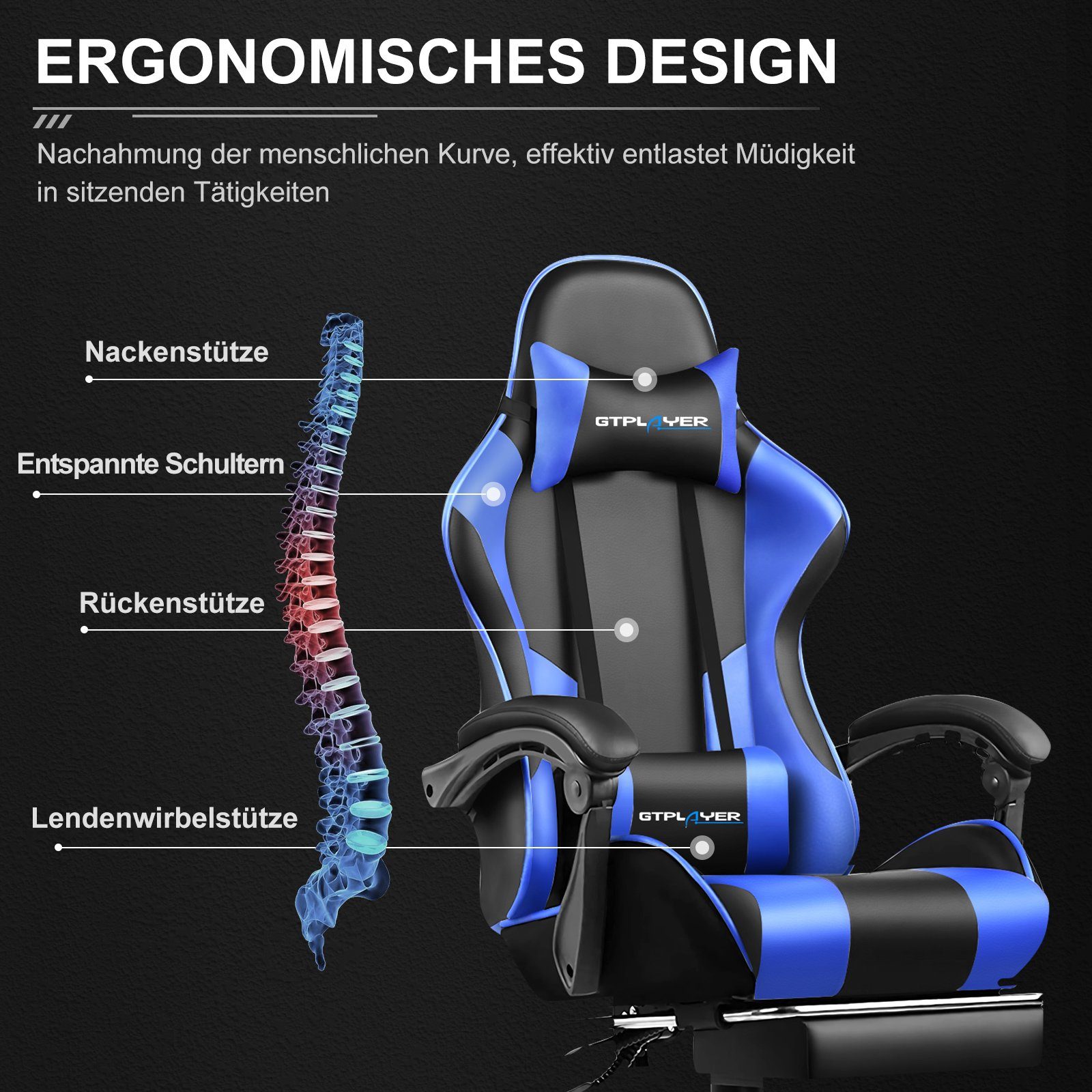 GTPLAYER Gaming-Stuhl Bürostuhl mit Massagefunktion, Fußstütze, Kopfstütze (Packung), Ergonomischer Gamer Stuhl Maximale Belastung 150 kg, 360° drehbar – Bild 3 von 5