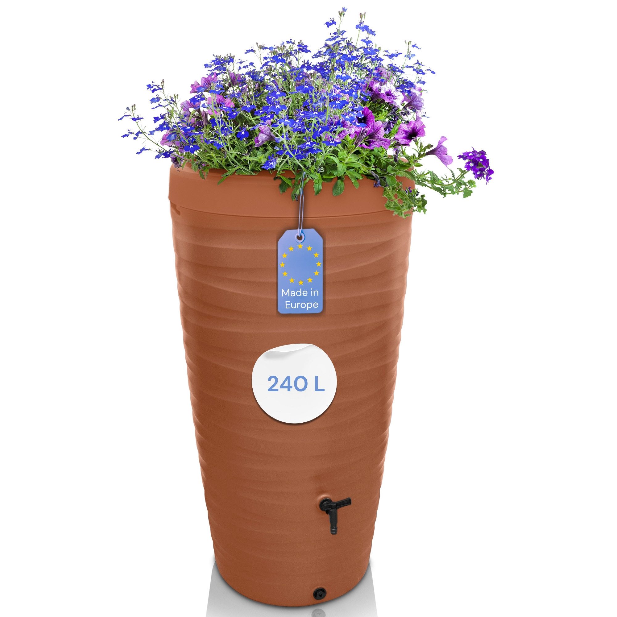 YourCasa Regentonne 240 Liter [Wave Design] Regenfass aus Kunststoff mit Wasserhahn, Bepflanzbar,240L,mit Wasserhahn