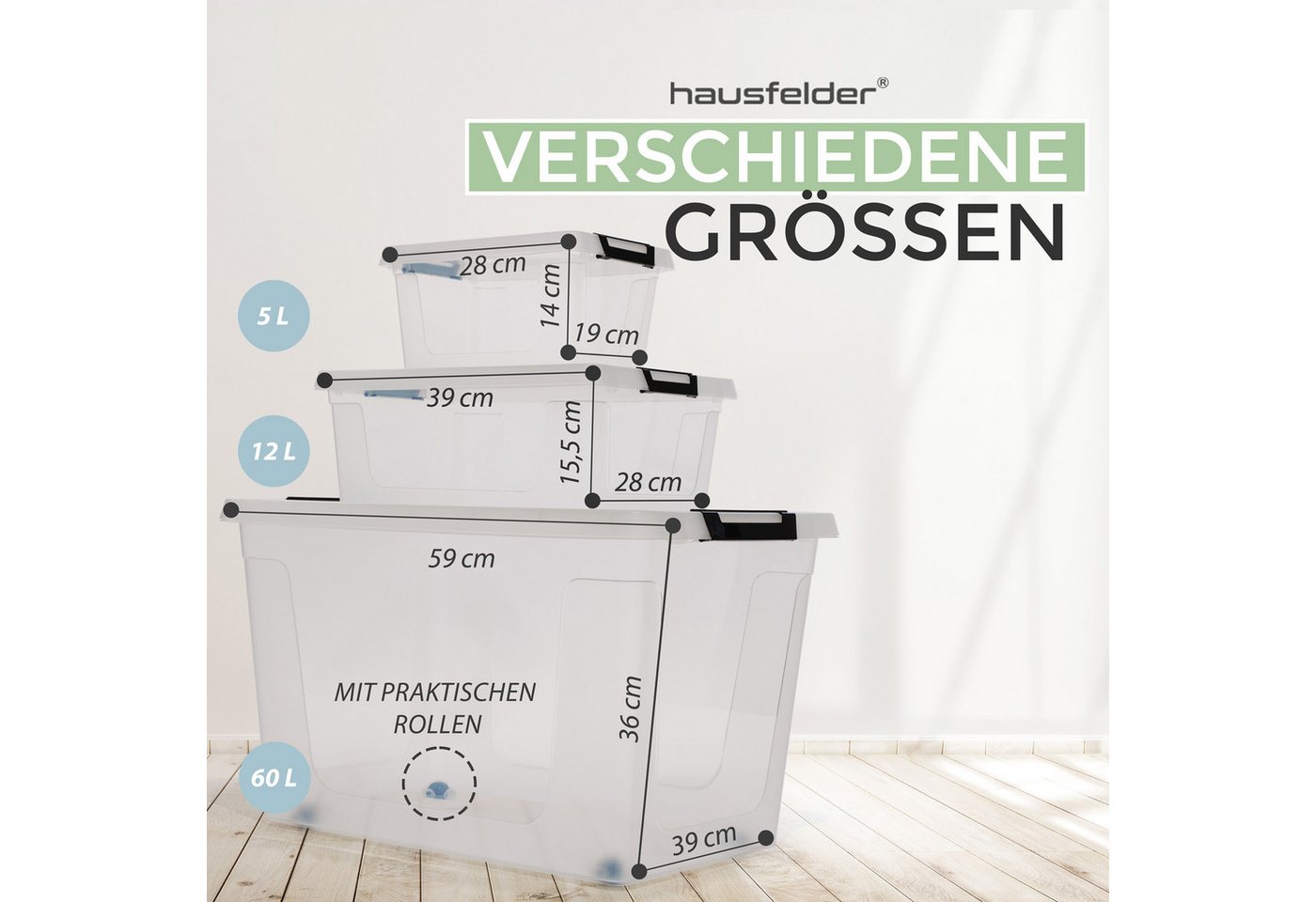 Thumbnail - Hausfelder Aufbewahrungsbox Ordnungsboxen mit Deckel und Verschlussclips,12 l, 10 Stück,10 x 12 l (10er Set, 10 St., 10 ...