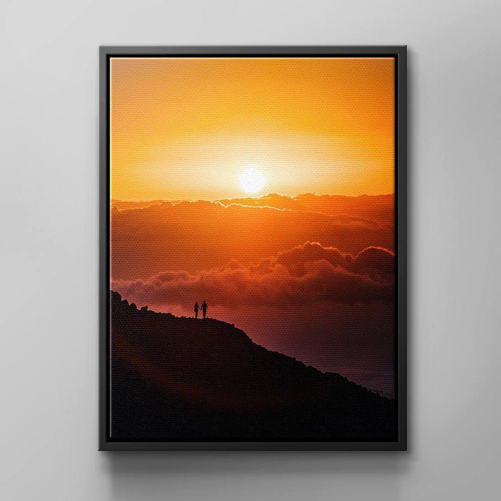 DOTCOMCANVAS® Leinwandbild Beautiful Sunset, Wandbild Natur Sonnenuntergang Berg Menschen Gelb rot schwarz Beaut schwarzer Rahmen