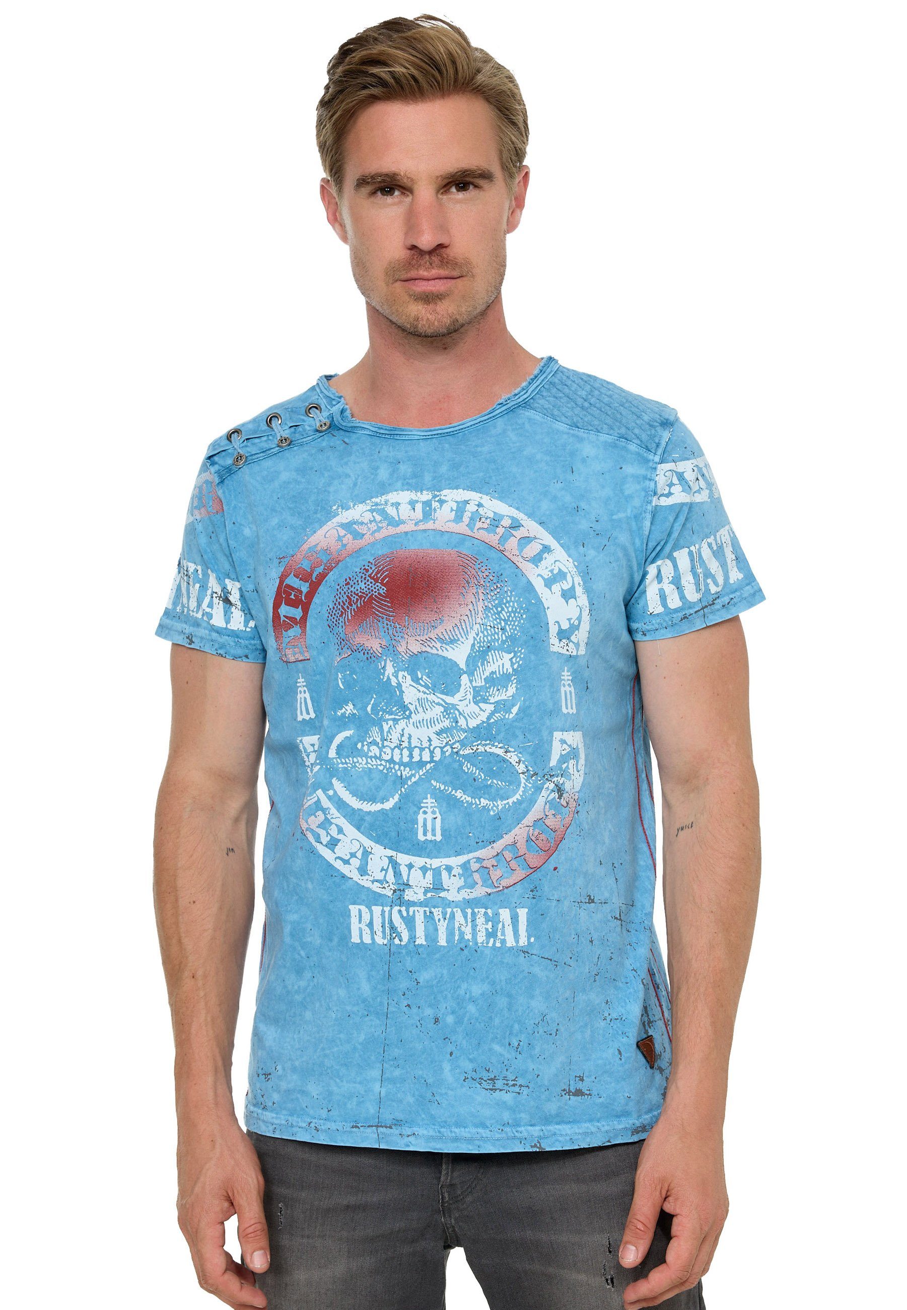 Neal T-Shirt Rusty blau mit Markenprint