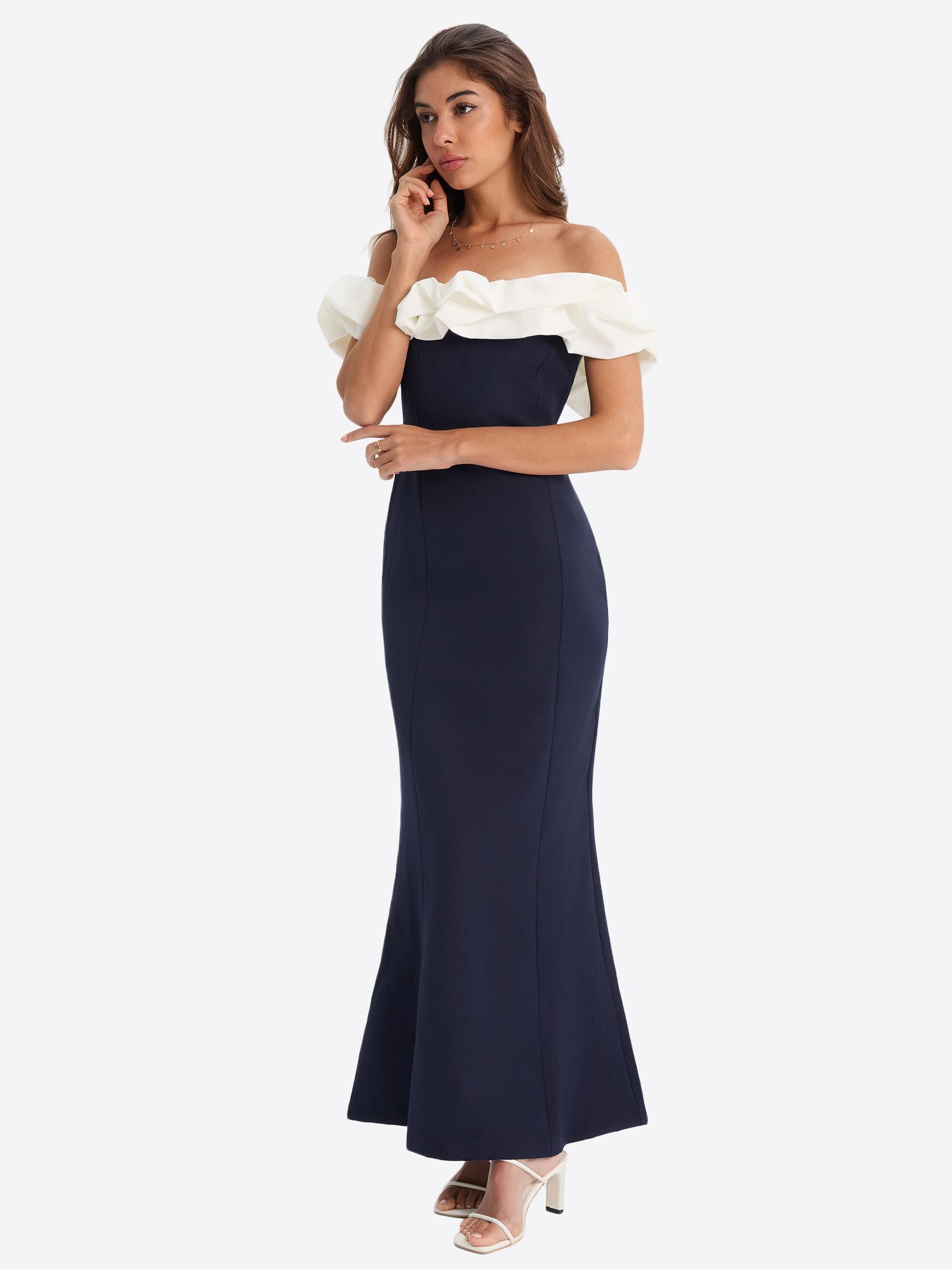 Imily Bela Maxikleid Damen Off-Shoulder Mermaid mit Rüschen Elegant Abendkleid (Packung, 1-tlg., 1per-Pack) mit voluminöser weißer Rüschen