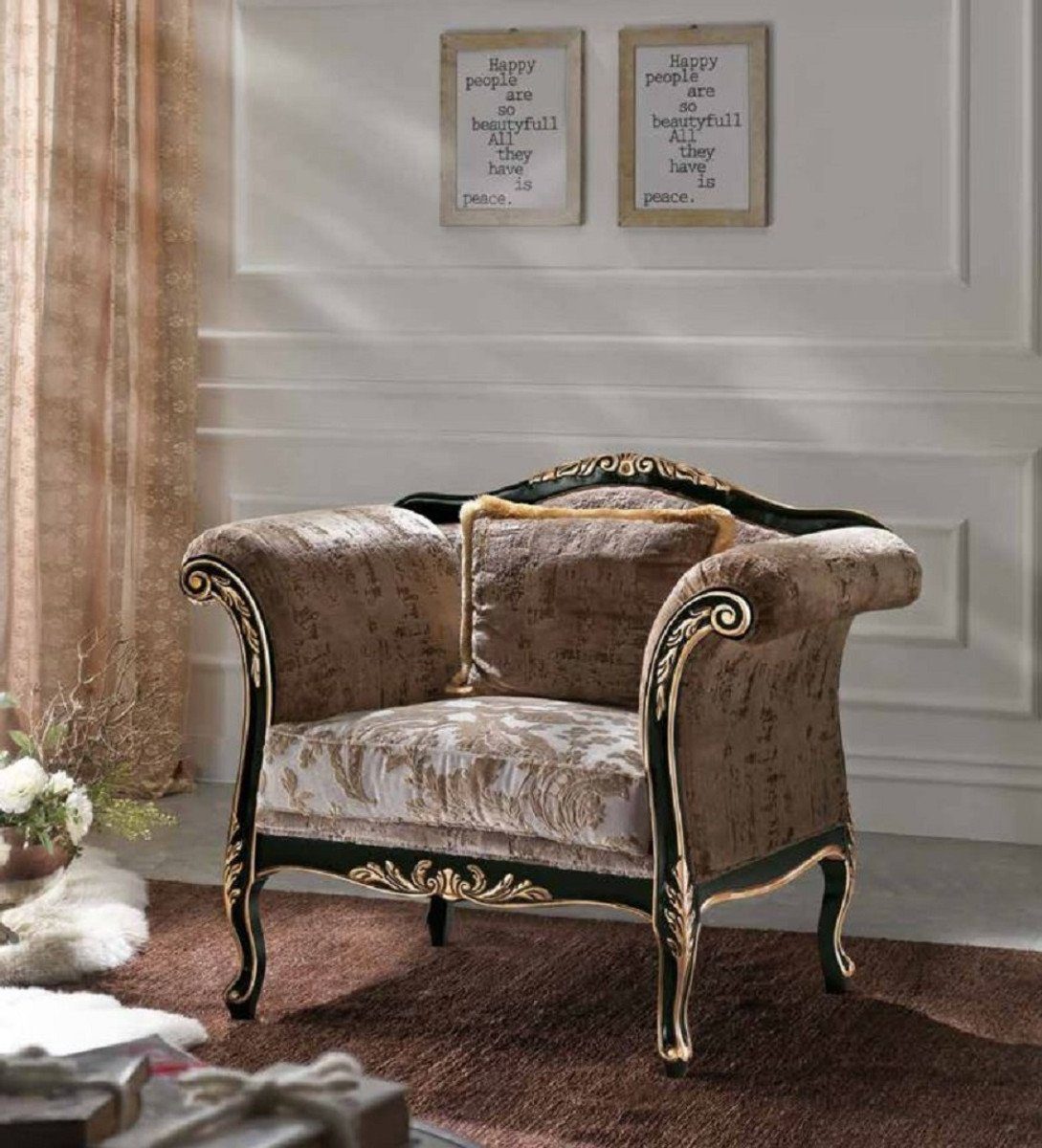 Barock Luxus Hotel - elegantem in & Barockstil - Barock Italy Braun Wohnzimmer Schwarz Sessel Wohnzimmer - / - Sessel Sessel / Möbel Barock Padrino Muster Casa - Gold Grau mit Made Möbel / Qualität Luxus