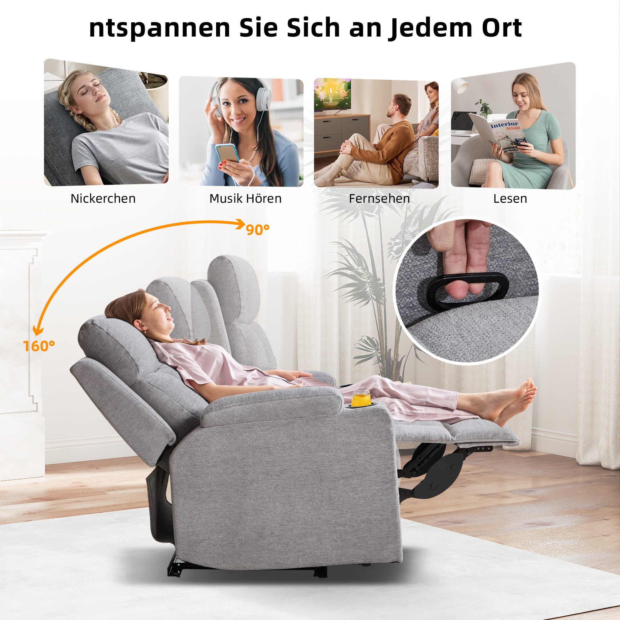 Bonzy Home TV-Sessel Relaxsessel mit Liegefunktion, Fernsehsessel, Wohnzimmer 90 °-160 ° (1-St), Manueller Verstellbarer Relaxsessel mit Fußstütze und Becherhal – Bild 4 von 5