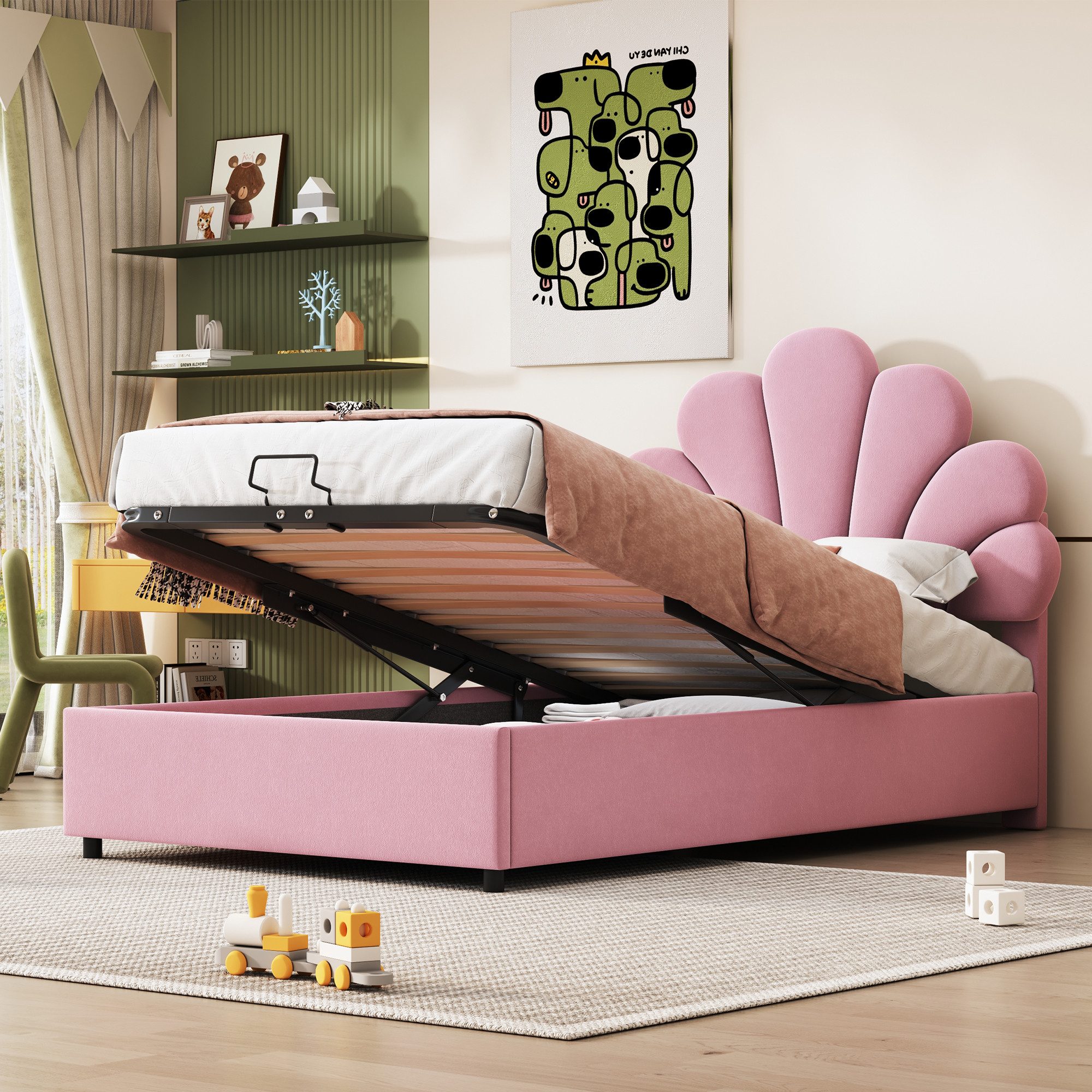 OKWISH Bett Polsterbett Kinderbett Gästebett Einzelbett (mit floralem Kopfteil, höhenverstellbar und hydraulischem Stauraum, Samt, ideal für Kinder- und Jugendzimmer, 90x200 cm), Ohne Matratze