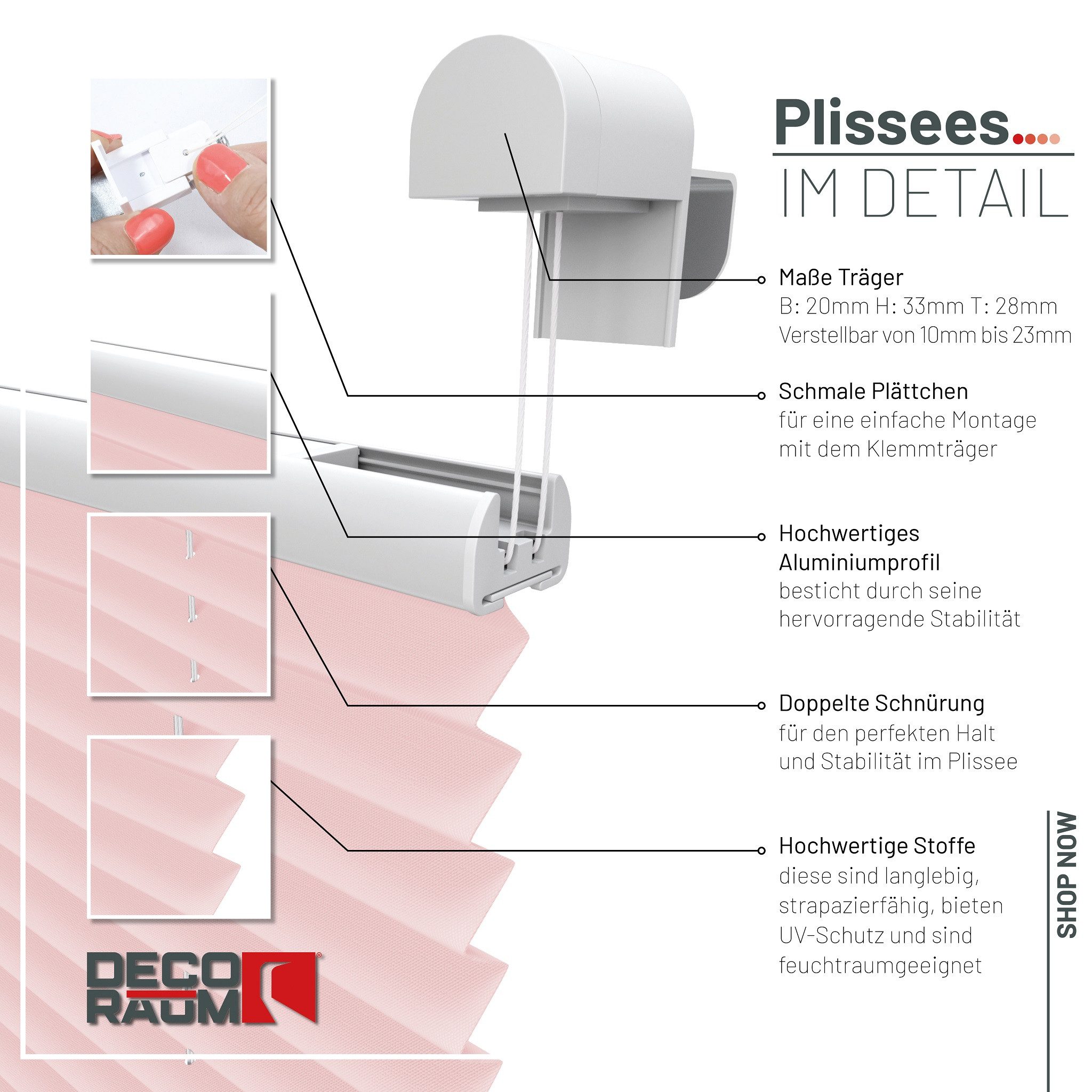 Deco-Raum Plissee Basic, blickdicht, Klemmträger, auf dem Fenster-/Türrahmen, Klemmfix, einfache Montage, in verschiedenen Farben und Größen ohne Bohren