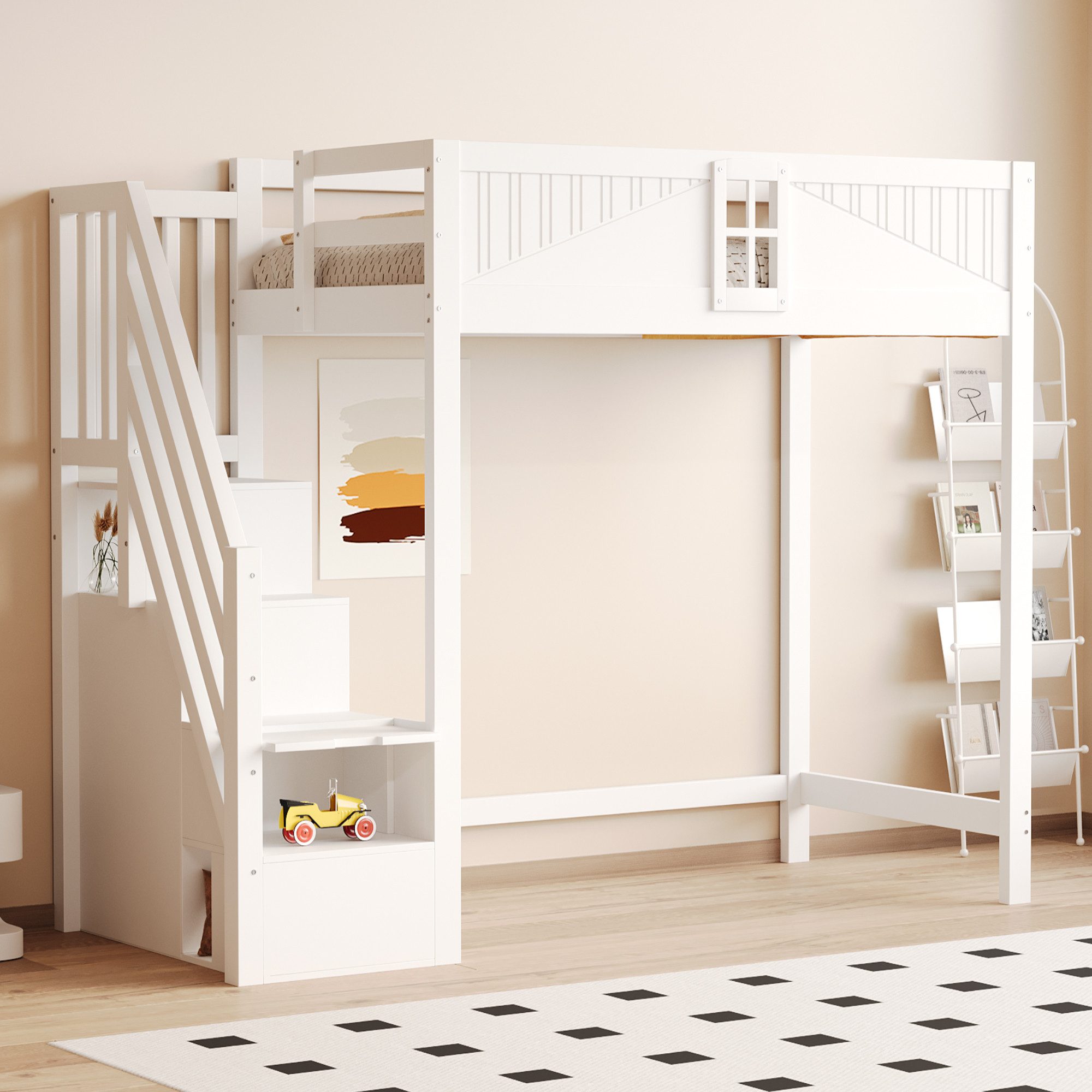 Flieks Hochbett Kinderbett 90x200cm mit Stauraumtreppe günstig online kaufen